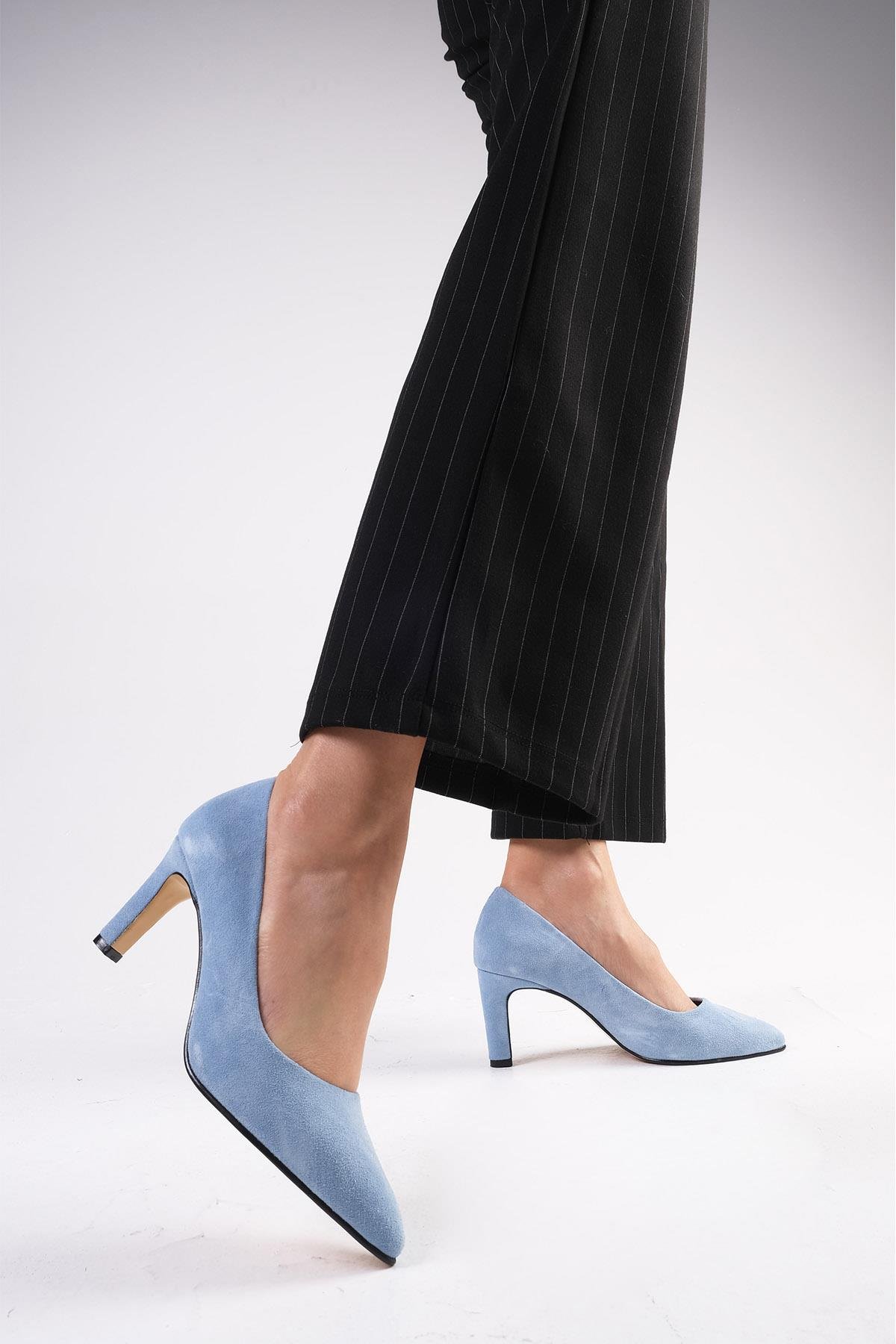 Beliz Hakiki Süet Mavi Stiletto-Kısa Topuklu-Mio Gusto-01305BUS