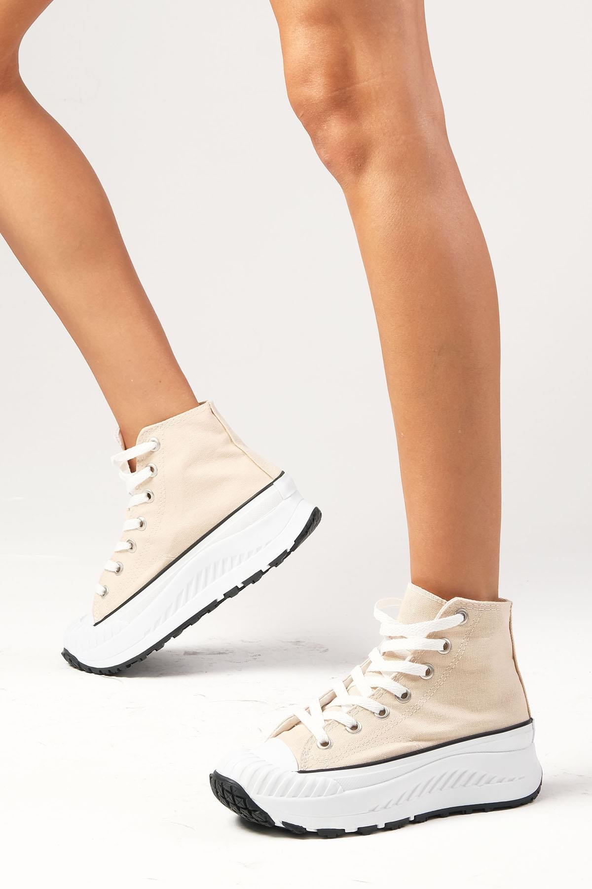 Bendis Bej Renk Kalın Tabanlı Keten Sneaker-SPOR-Mio Gusto-05800BEK