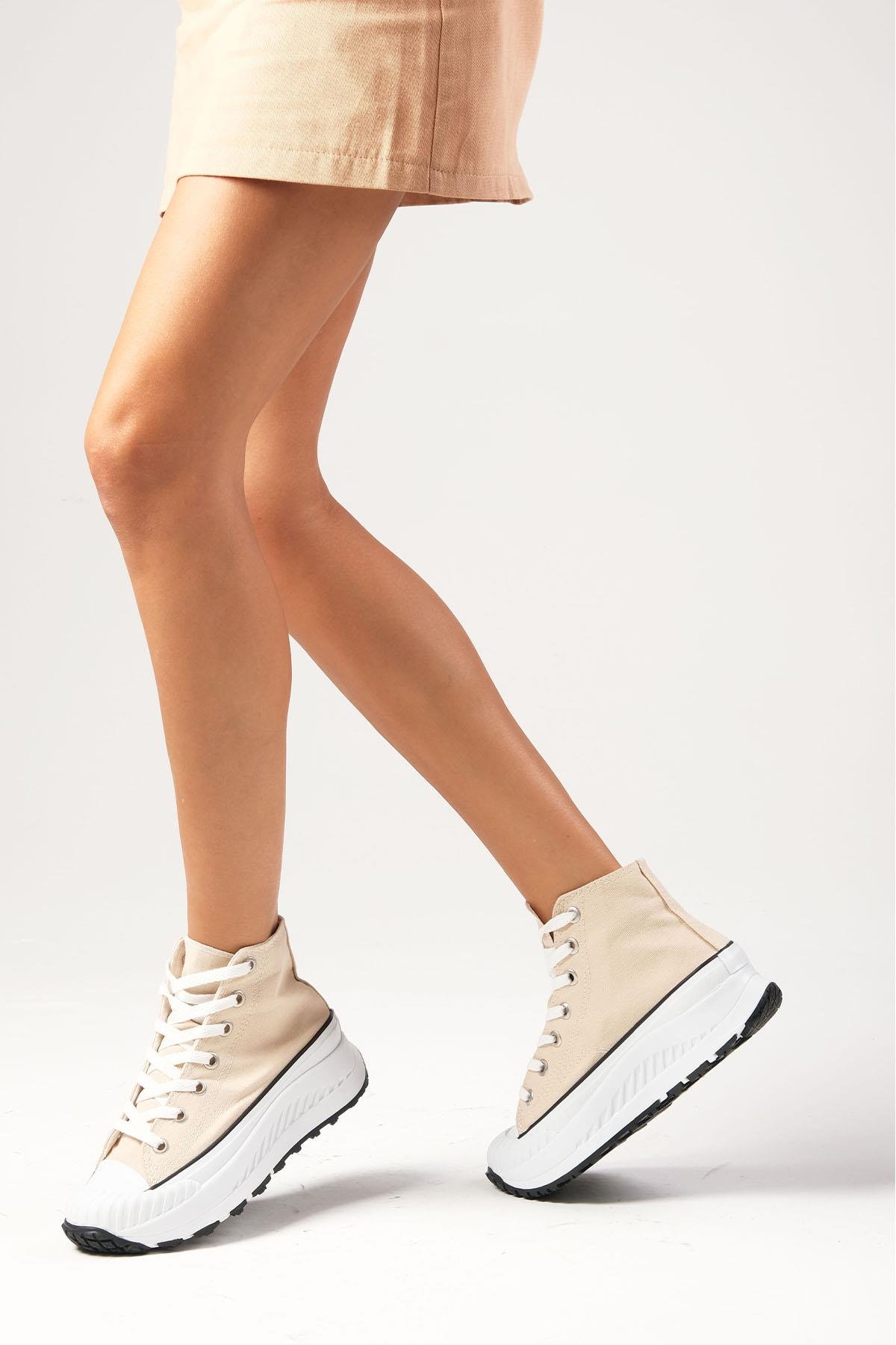 Bendis Bej Renk Kalın Tabanlı Keten Sneaker-SPOR-Mio Gusto-05800BEK