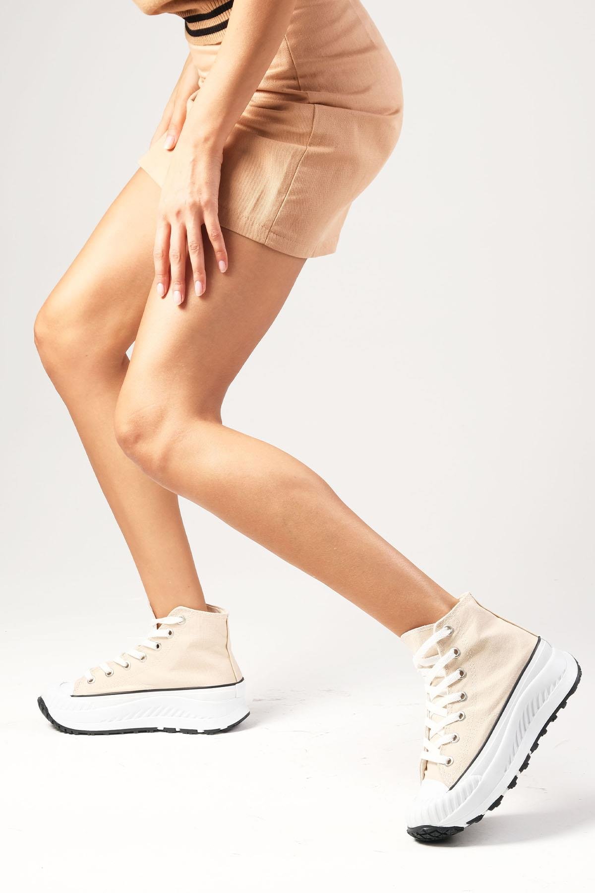 Bendis Bej Renk Kalın Tabanlı Keten Sneaker-SPOR-Mio Gusto-05800BEK