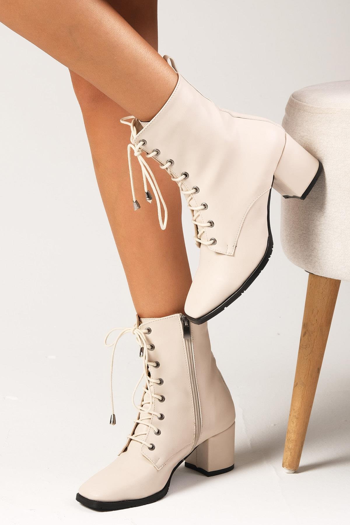 Bethany Bej Renk Bağcıklı Bot-Kalın Topuk-Mio Gusto-02155NUC