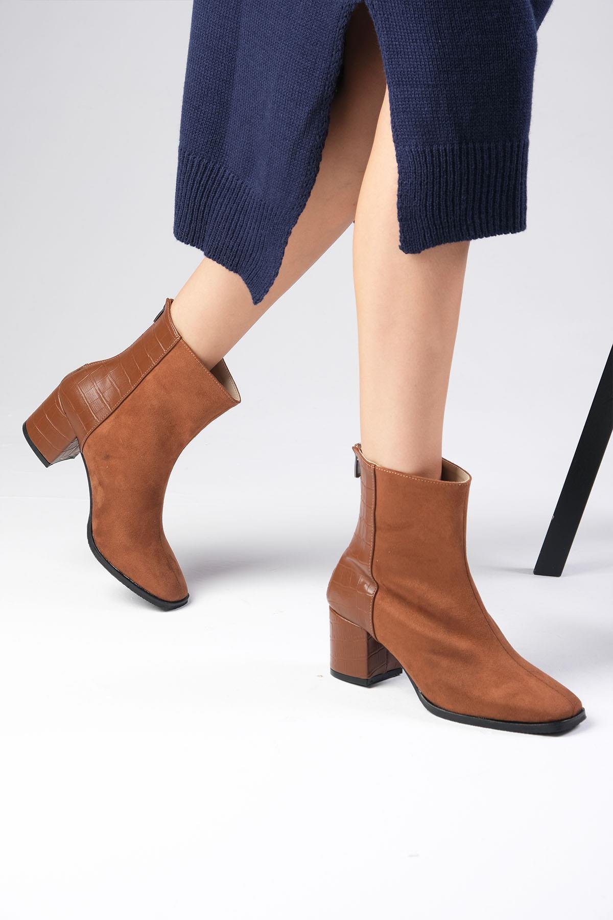 Bianca Taba Renk Kısa Topuklu Bot-Kalın Topuk-Mio Gusto-02222TAP