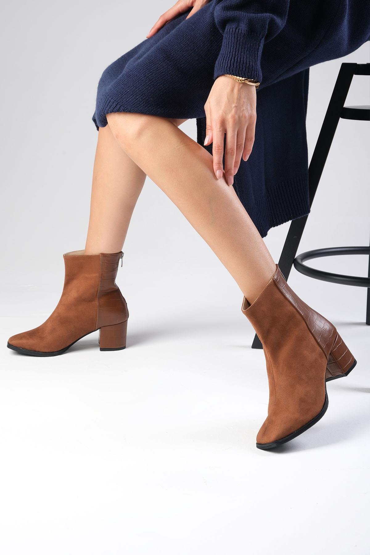 Bianca Taba Renk Kısa Topuklu Bot-Kalın Topuk-Mio Gusto-02222TAP