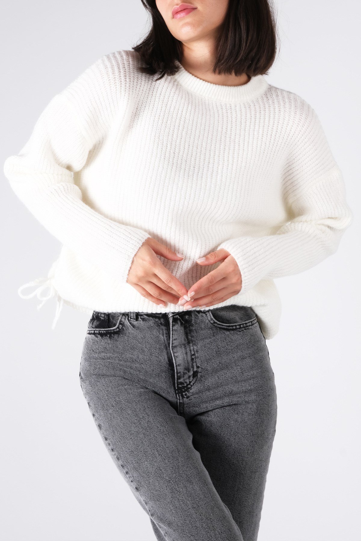 Bisiklet Yaka Ekru Triko Kazak-Kazak-Mio Gusto-G0033BEK