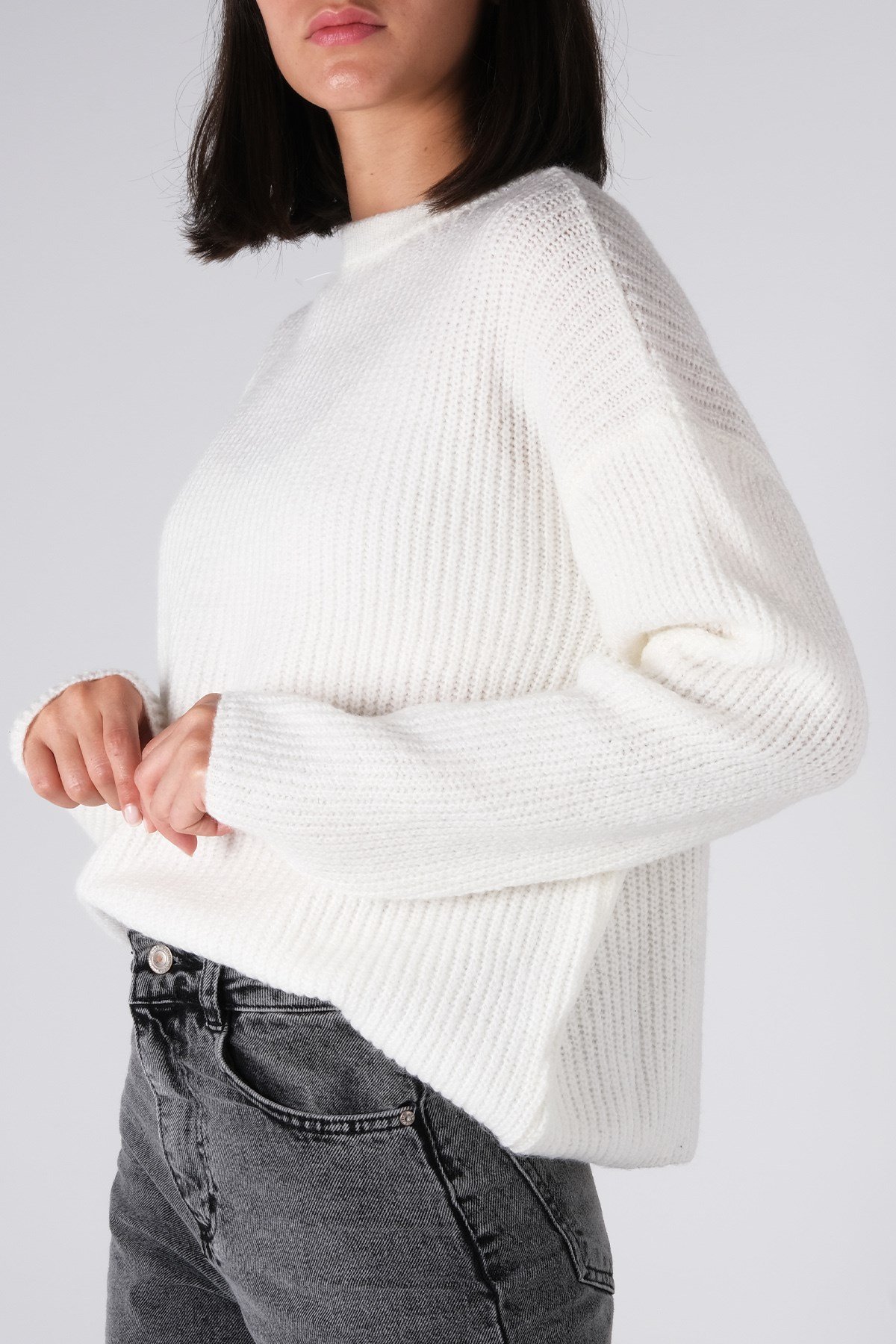 Bisiklet Yaka Ekru Triko Kazak-Kazak-Mio Gusto-G0033BEK