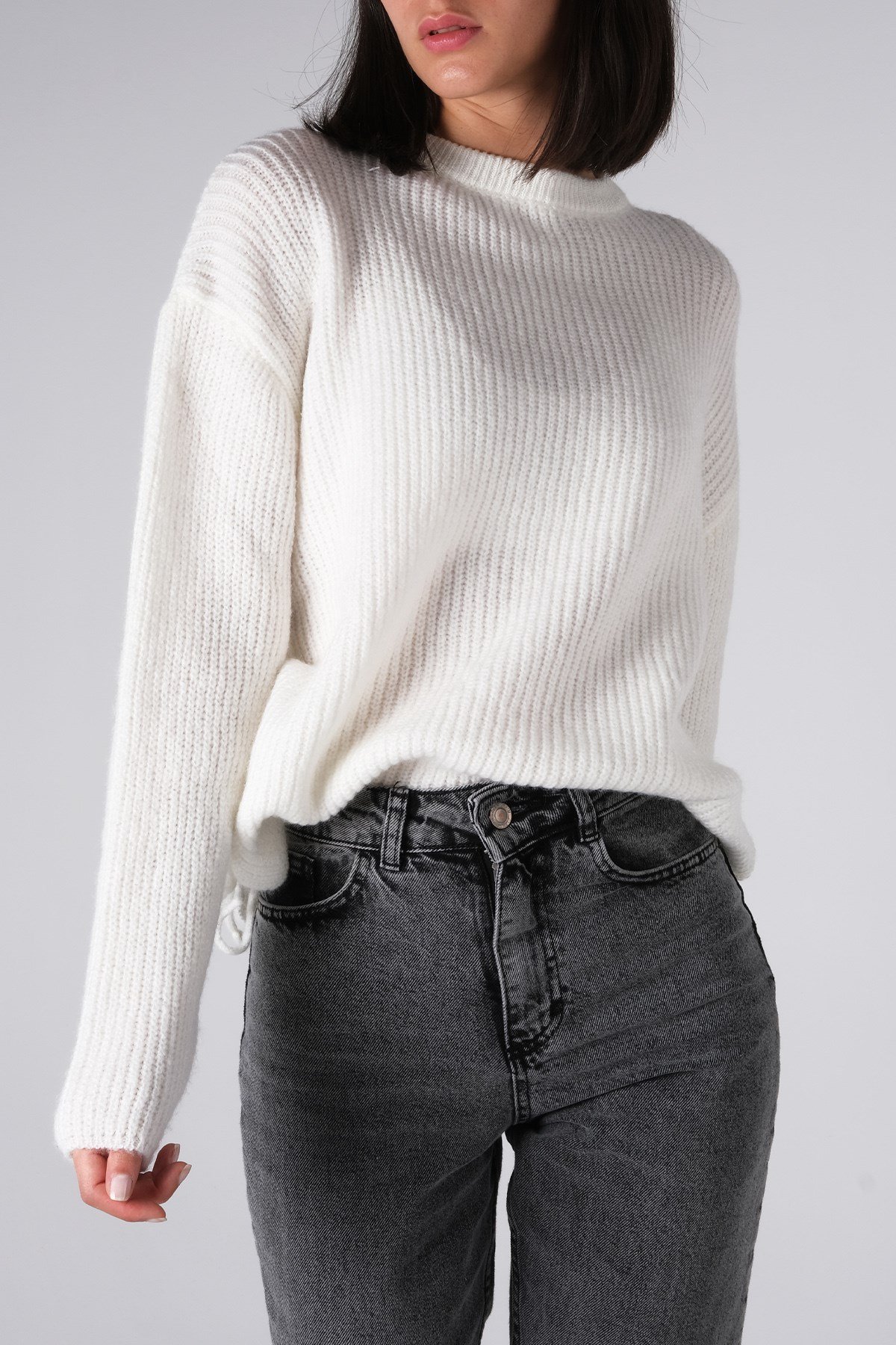 Bisiklet Yaka Ekru Triko Kazak-Kazak-Mio Gusto-G0033BEK