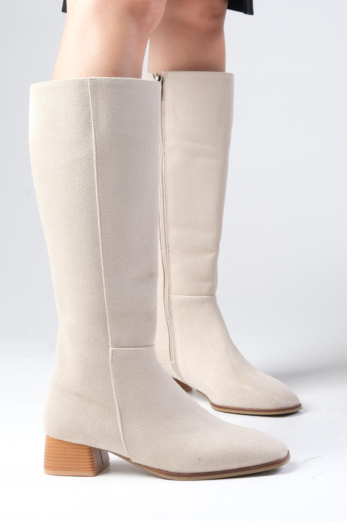 Briony Bej Renk Süet Küt Burun Fermuarlı Çizme-ÇİZME-Mio Gusto-01492BES