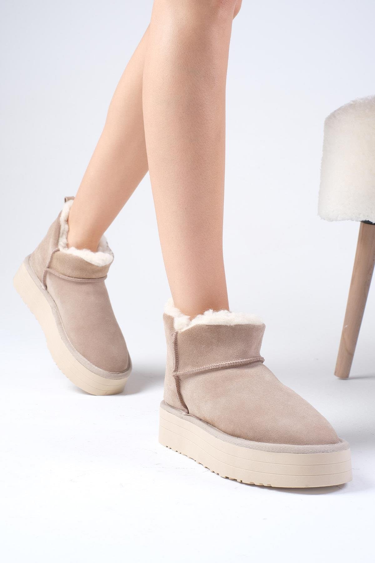 Bronte Hakiki Süet Bej Renk Ugg Bot-Topuksuz-Mio Gusto-05852BES