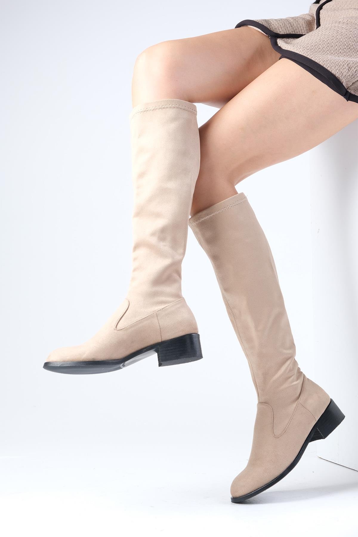 Brooklyn Bej Renk Süet Streç Çizme-ÇİZME-Mio Gusto-02277BES