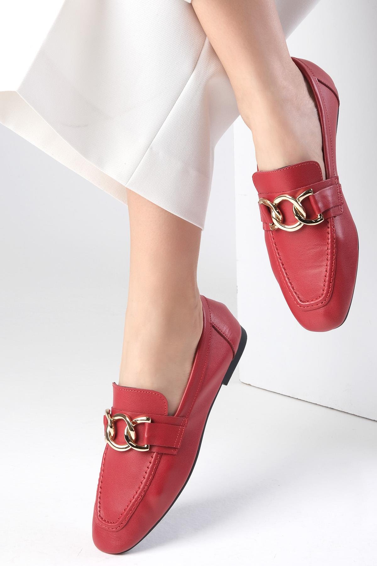 Dakota Hakiki Deri Kırmızı Renk Loafer-DÜZ AYAKKABI-Mio Gusto-01529REC