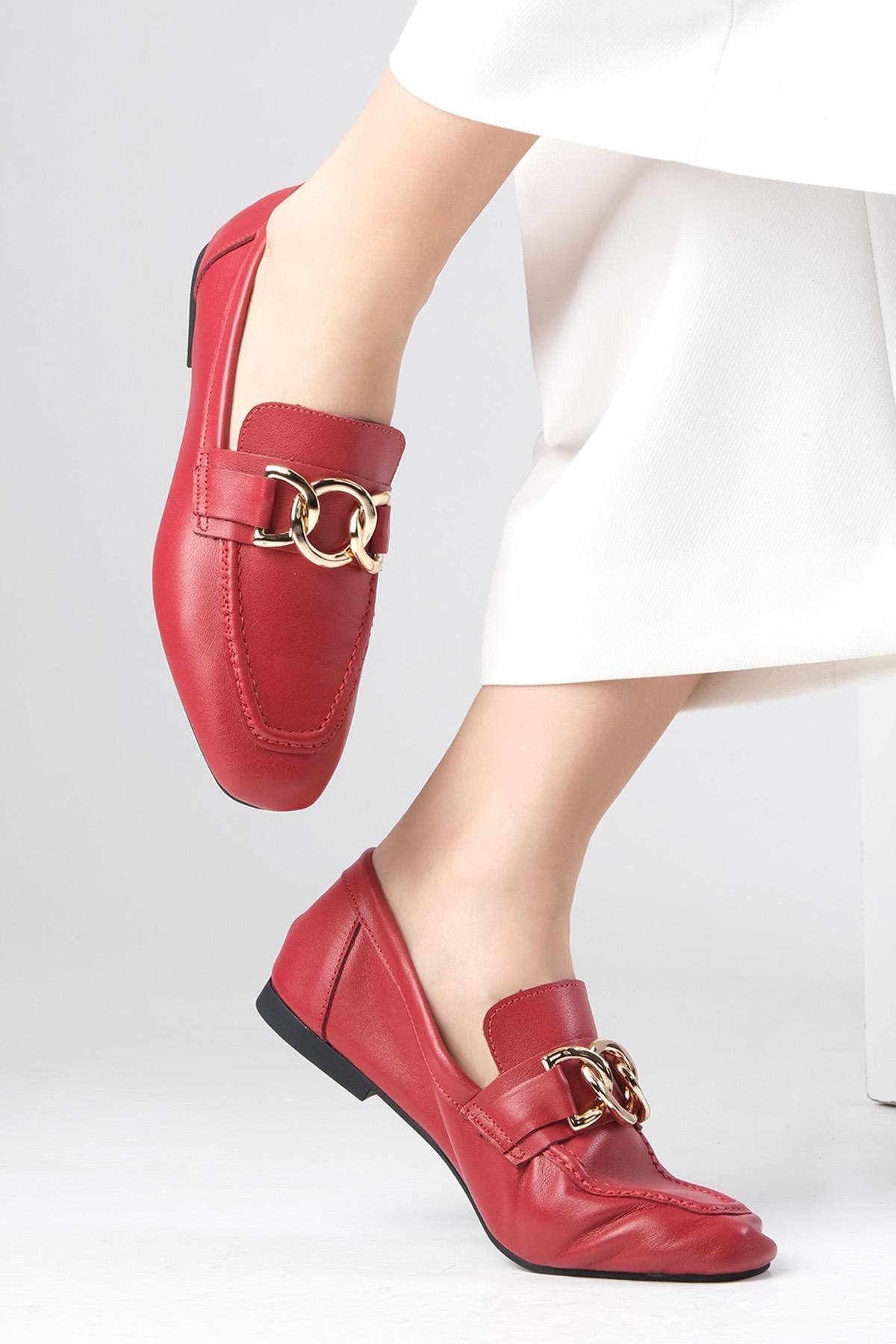 Dakota Hakiki Deri Kırmızı Renk Loafer-DÜZ AYAKKABI-Mio Gusto-01529REC