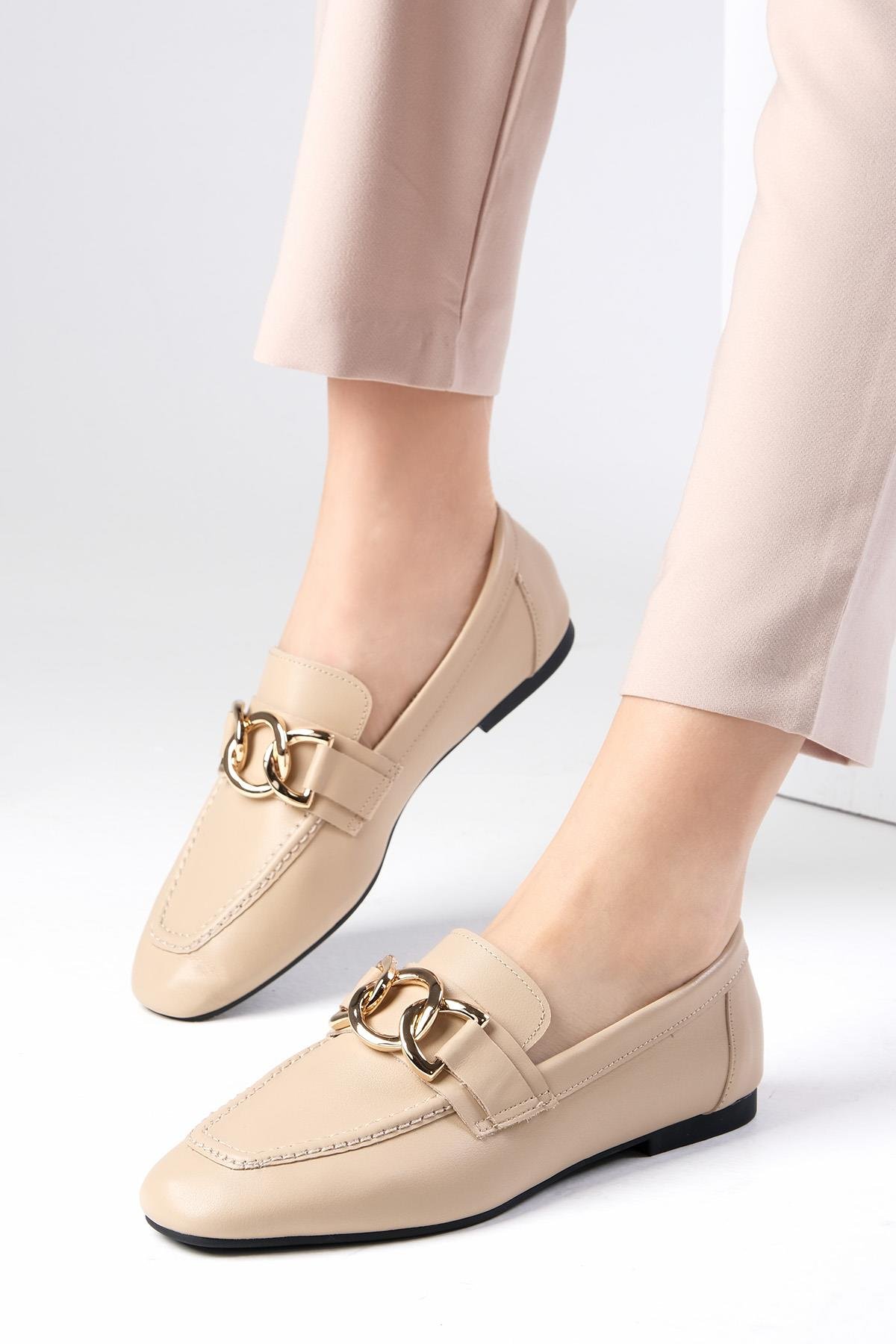 Dakota Hakiki Deri Ten Rengi Loafer-DÜZ AYAKKABI-Mio Gusto-01529NUC