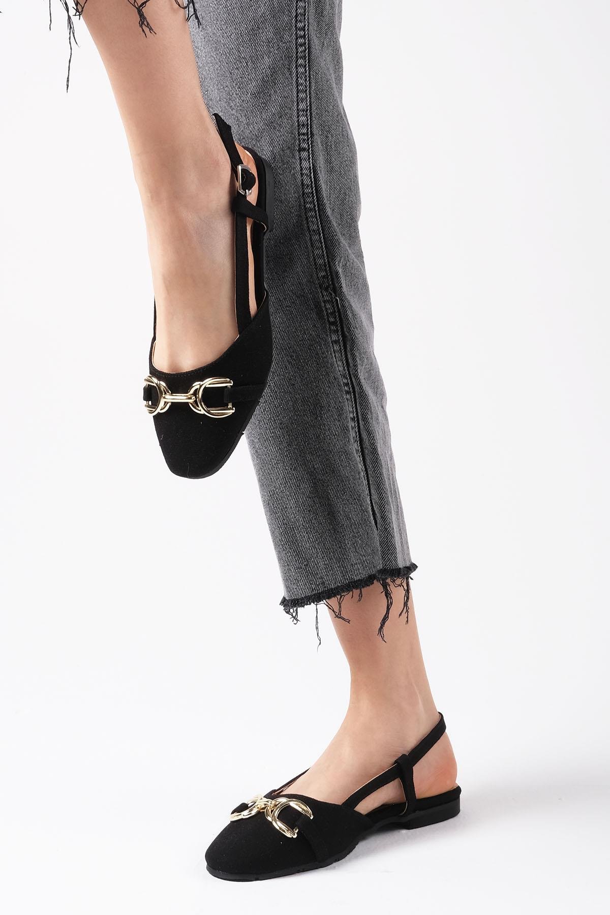 Delphine Siyah Renk Keten Babet-Flats-Mio Gusto-02263BLK