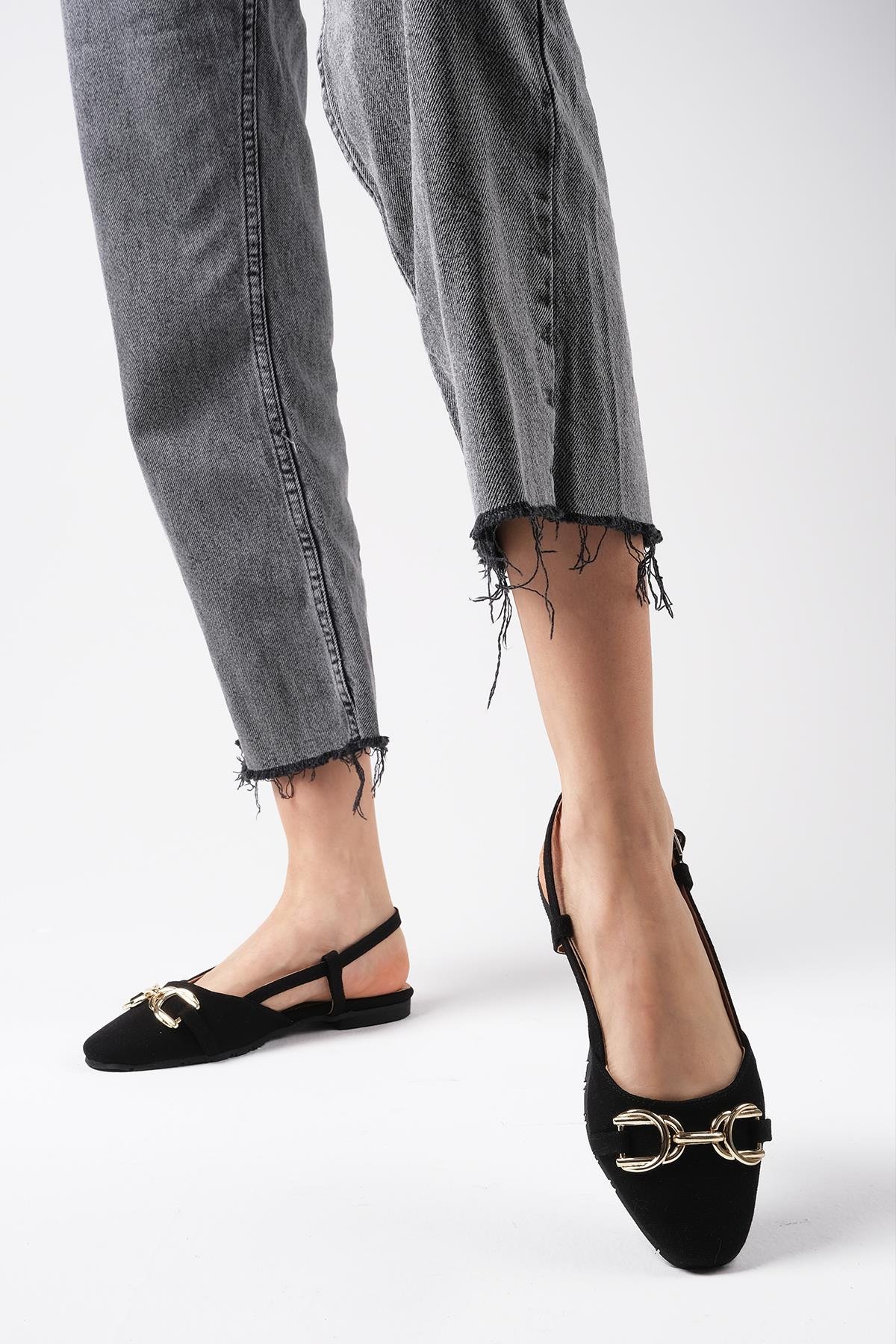 Delphine Siyah Renk Keten Babet-Flats-Mio Gusto-02263BLK