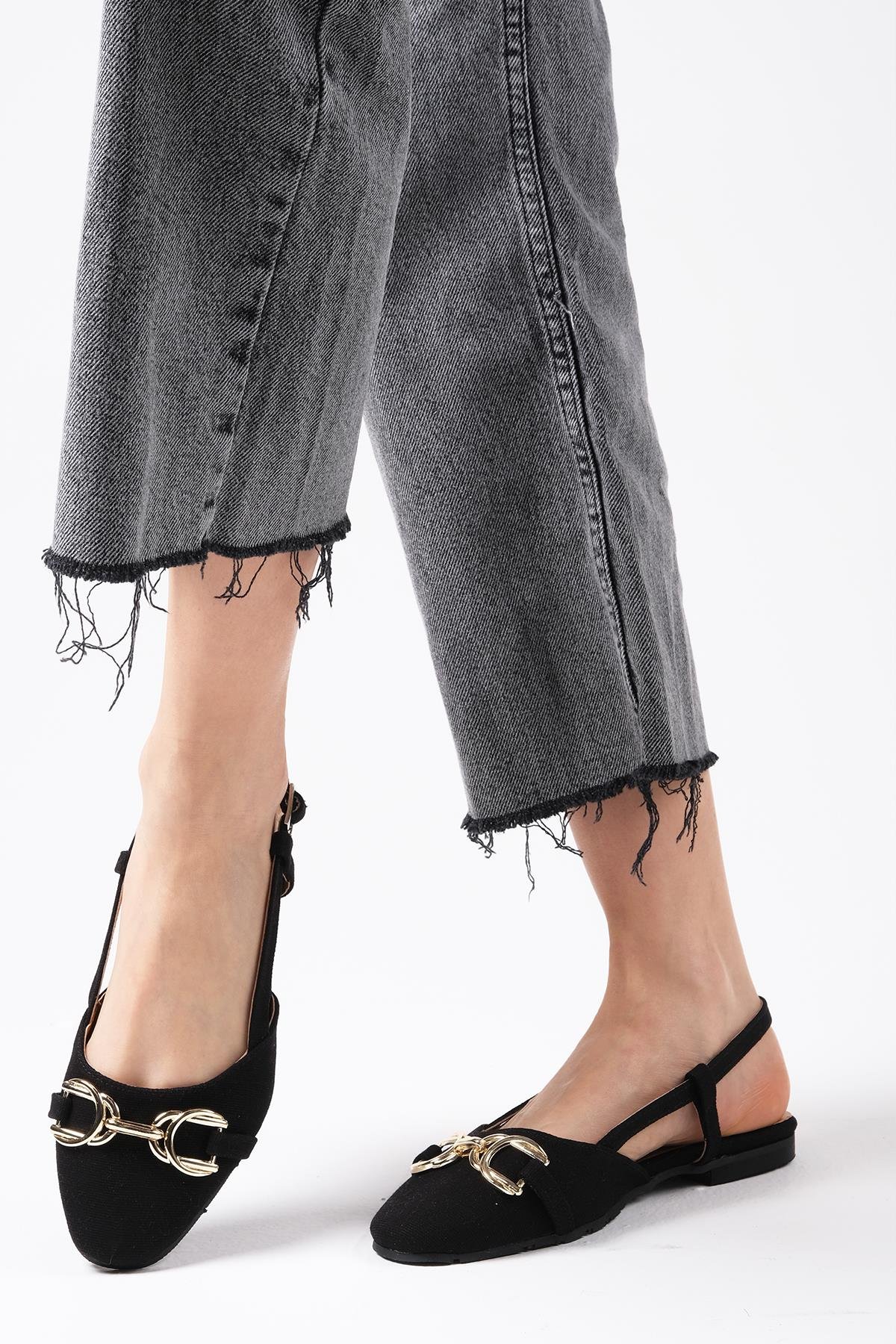 Delphine Siyah Renk Keten Babet-Flats-Mio Gusto-02263BLK