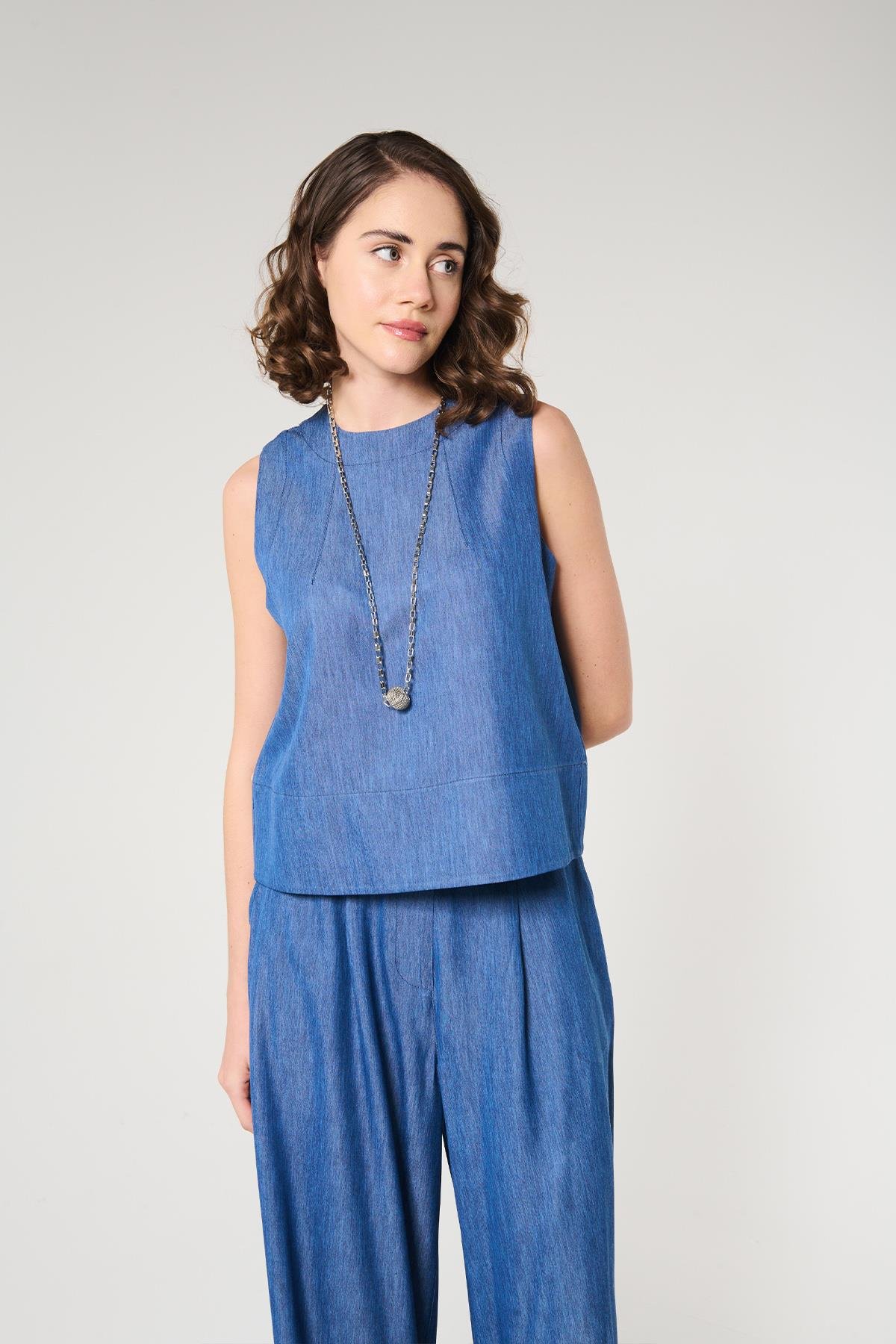 Denim Görünümlü Kolsuz Crop Bluz
