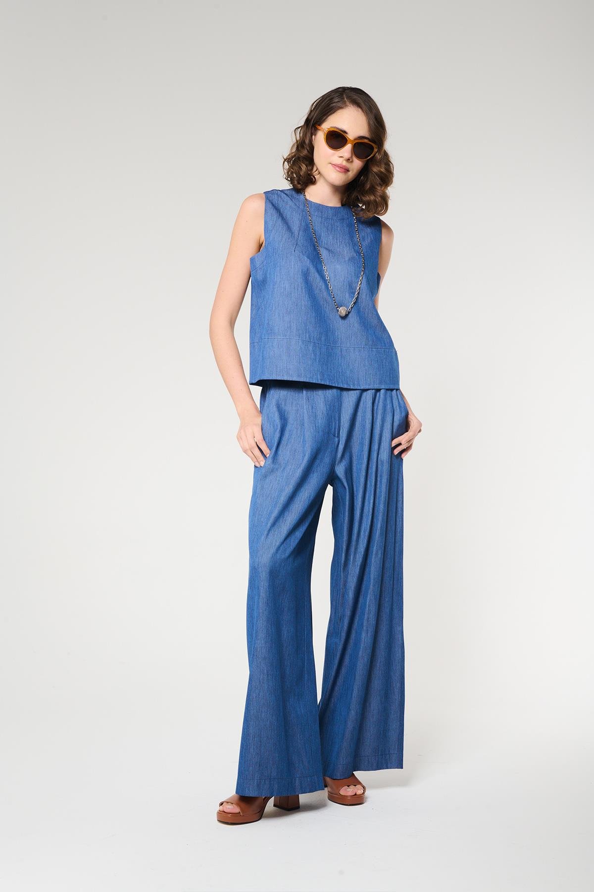 Denim Görünümlü Kolsuz Crop Bluz