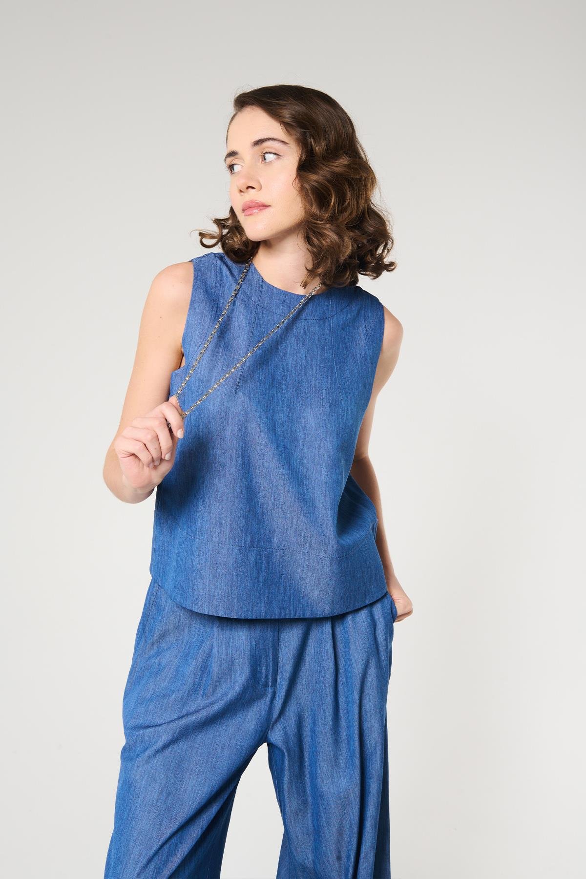 Denim Görünümlü Kolsuz Crop Bluz