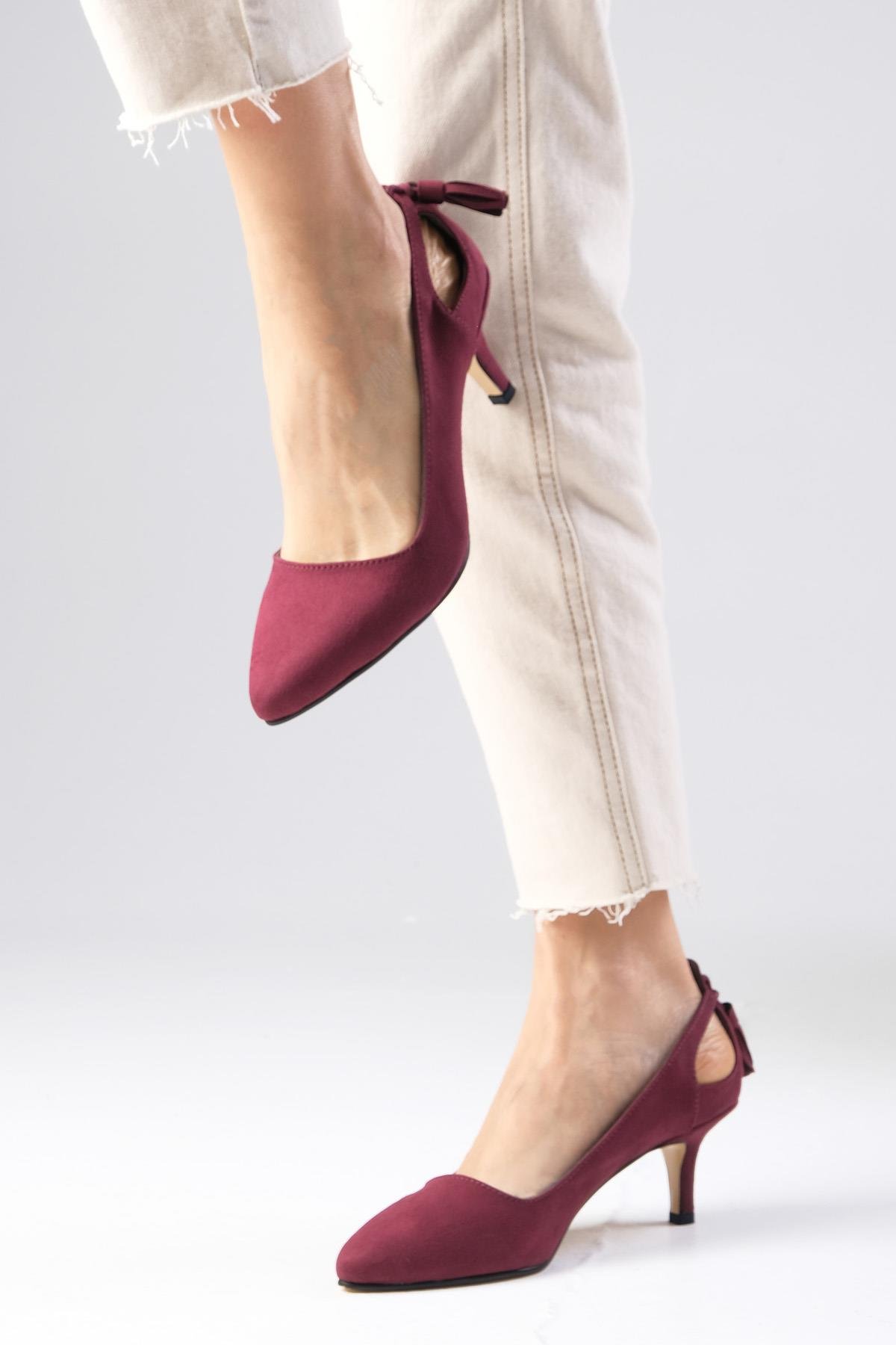 Drop Bordo Renk Süet Topuklu Ayakkabı-Kısa Topuklu-Mio Gusto-09037WRS
