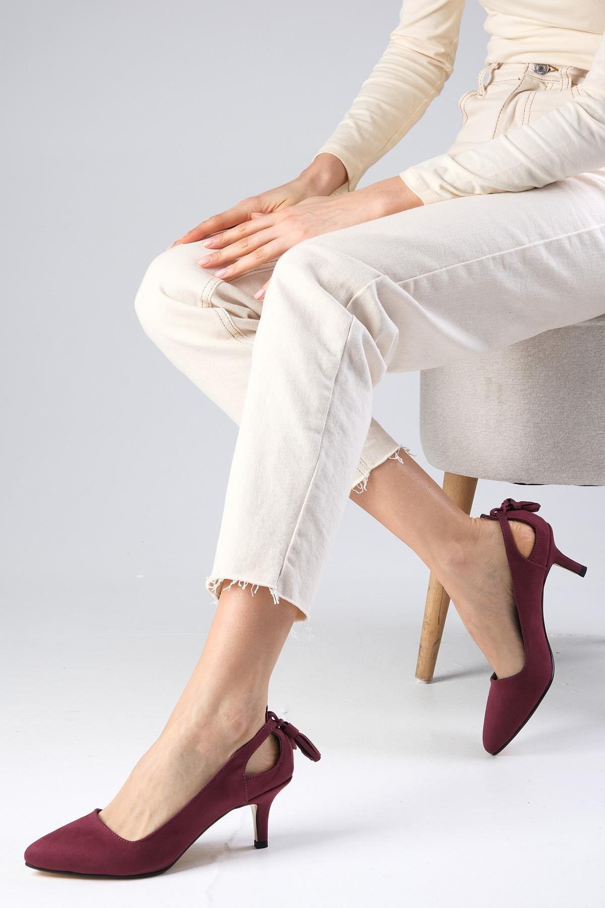 Drop Bordo Renk Süet Topuklu Ayakkabı-Kısa Topuklu-Mio Gusto-09037WRS
