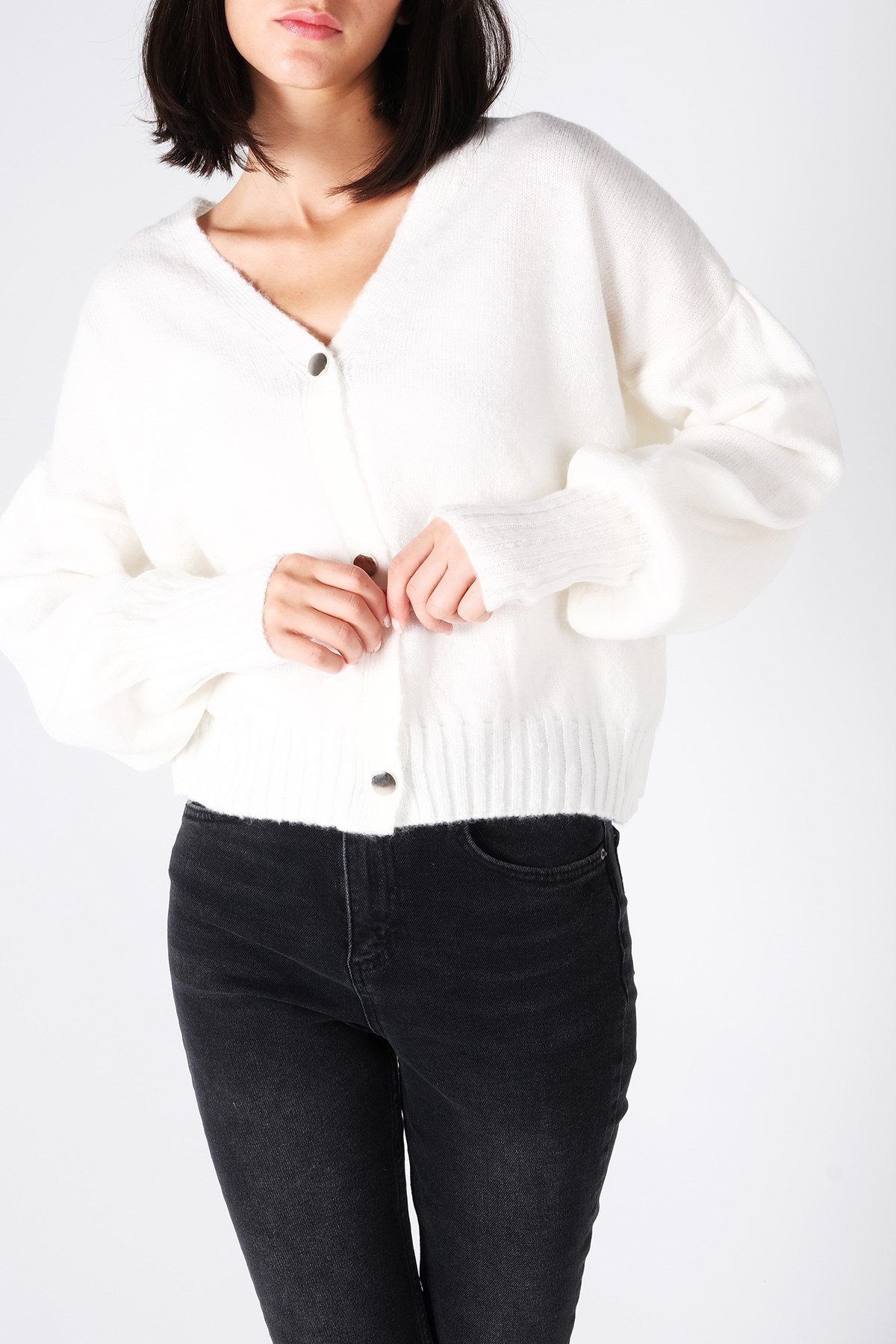 Ekru Triko Balon Kol Hırka-Kazak-Mio Gusto-G0032BEK