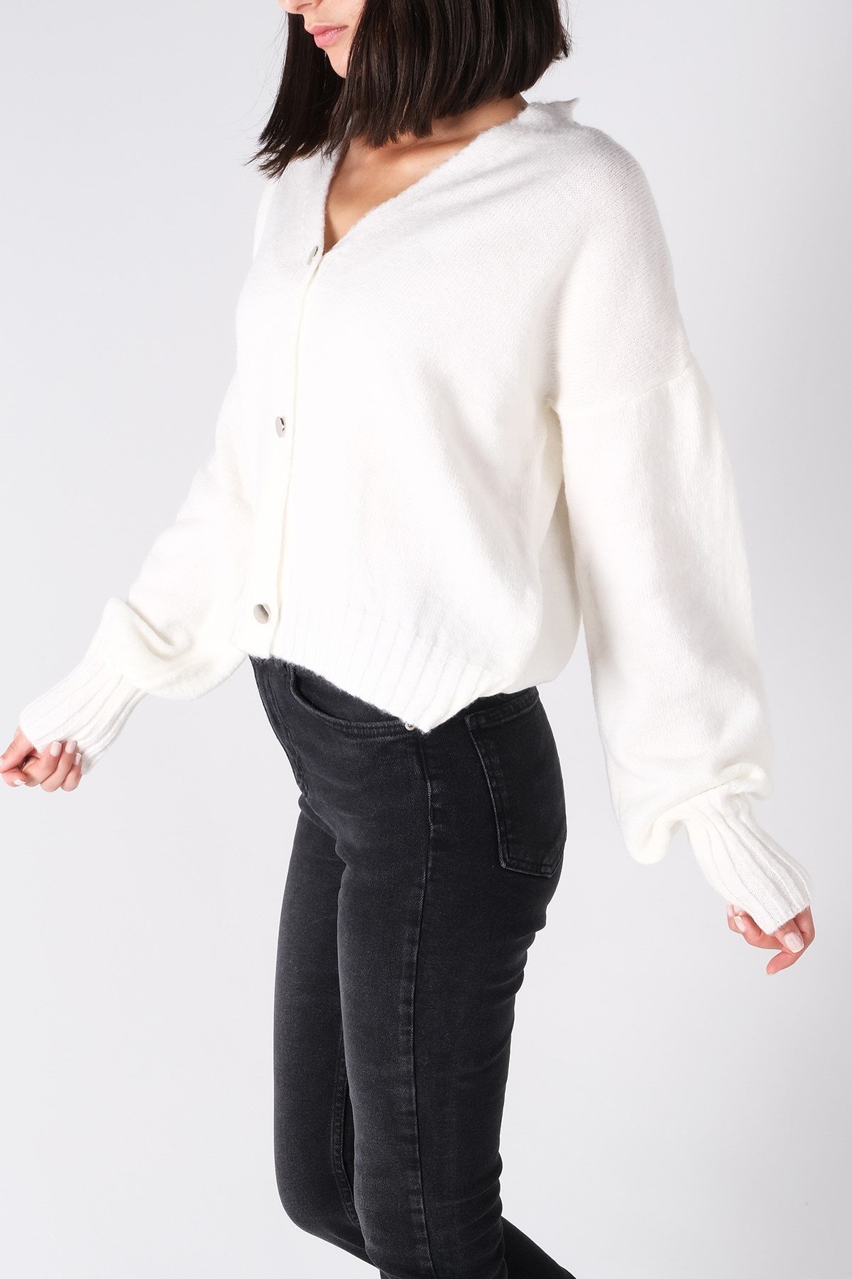 Ekru Triko Balon Kol Hırka-Kazak-Mio Gusto-G0032BEK