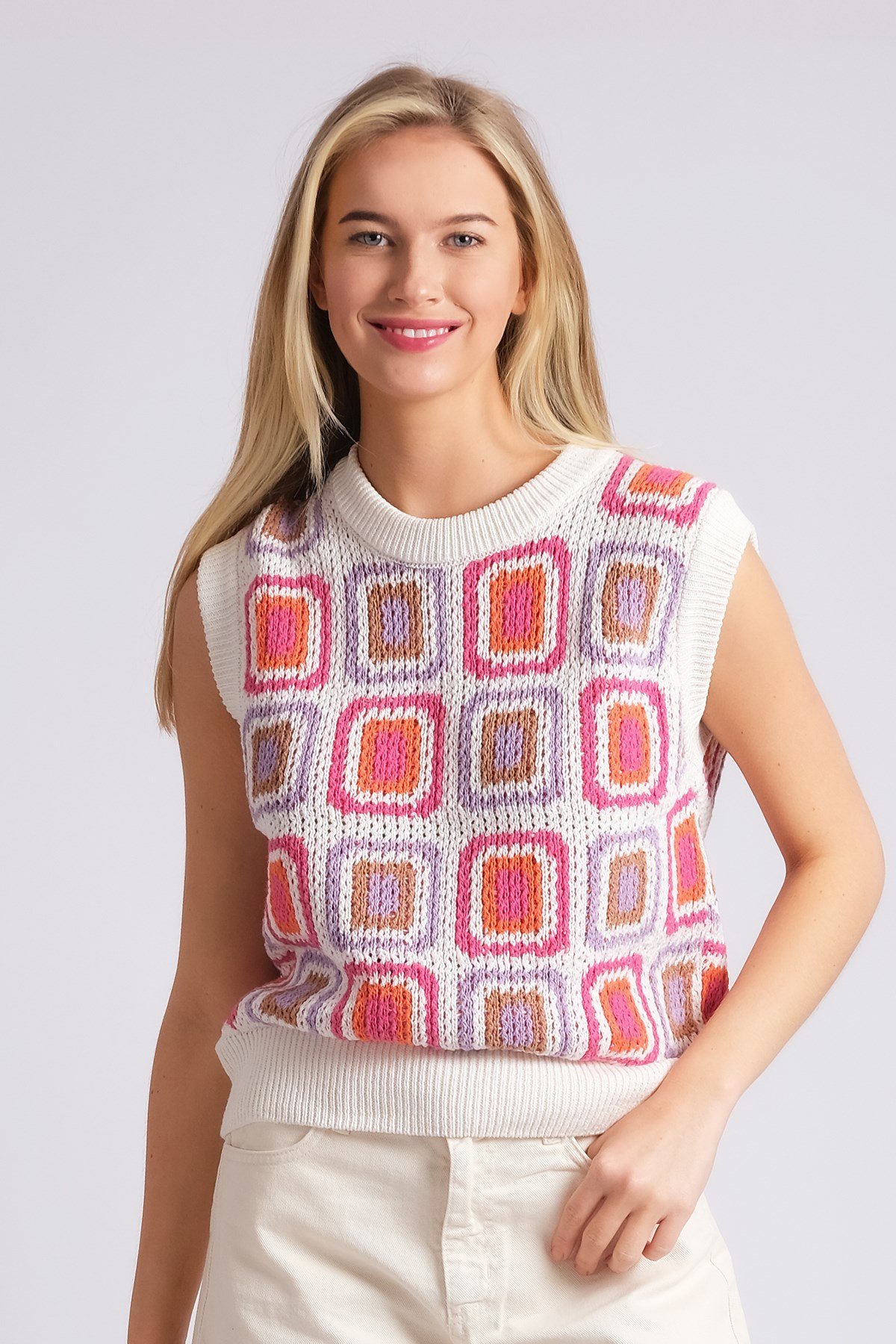 Ekru-Turuncu Renk Kroşe Desenli Kadın Triko Süveter-Süveter-Mio Gusto-G0007ORK