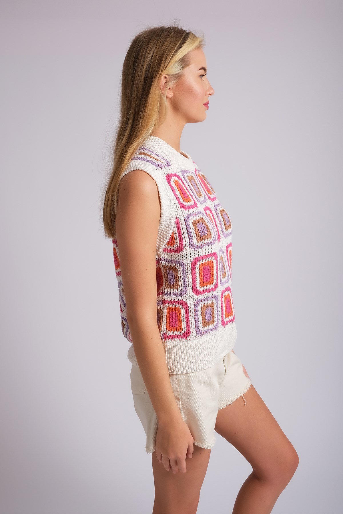 Ekru-Turuncu Renk Kroşe Desenli Kadın Triko Süveter-Süveter-Mio Gusto-G0007ORK