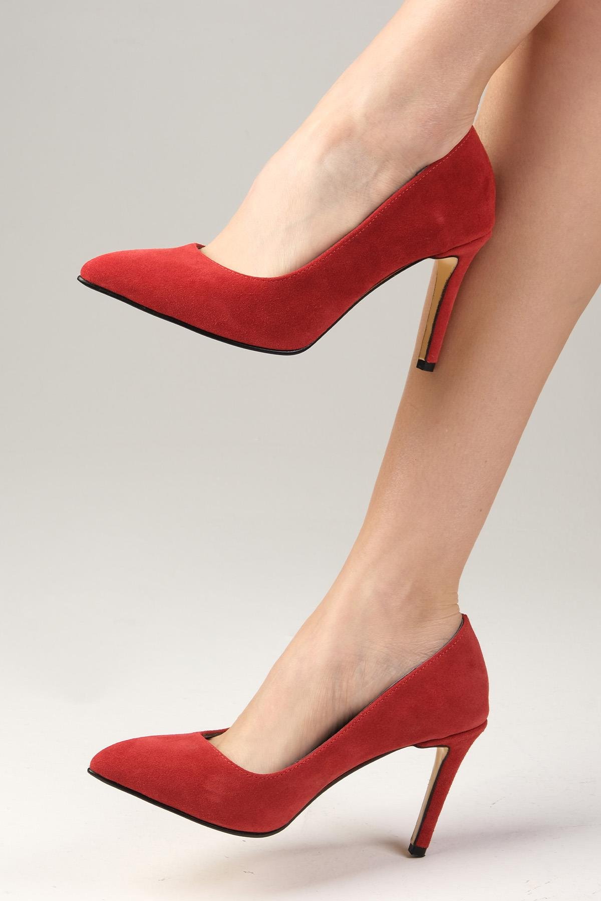 Elora Hakiki Süet Kırmızı Stiletto-Yüksek Topuklu-Mio Gusto-02157RES