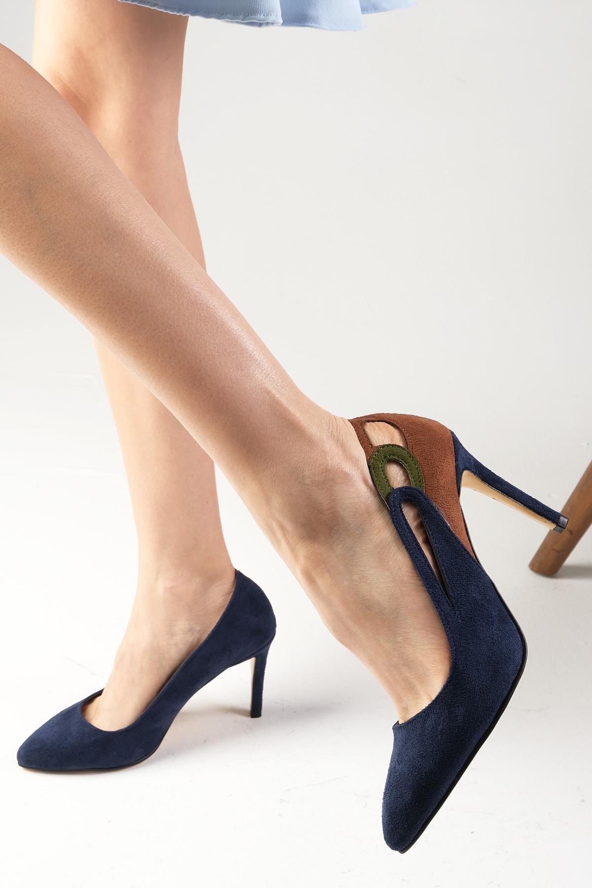 Elvira Lacivert Süet Renk Bloklu Stiletto-Yüksek Topuklu-Mio Gusto-02190DBS