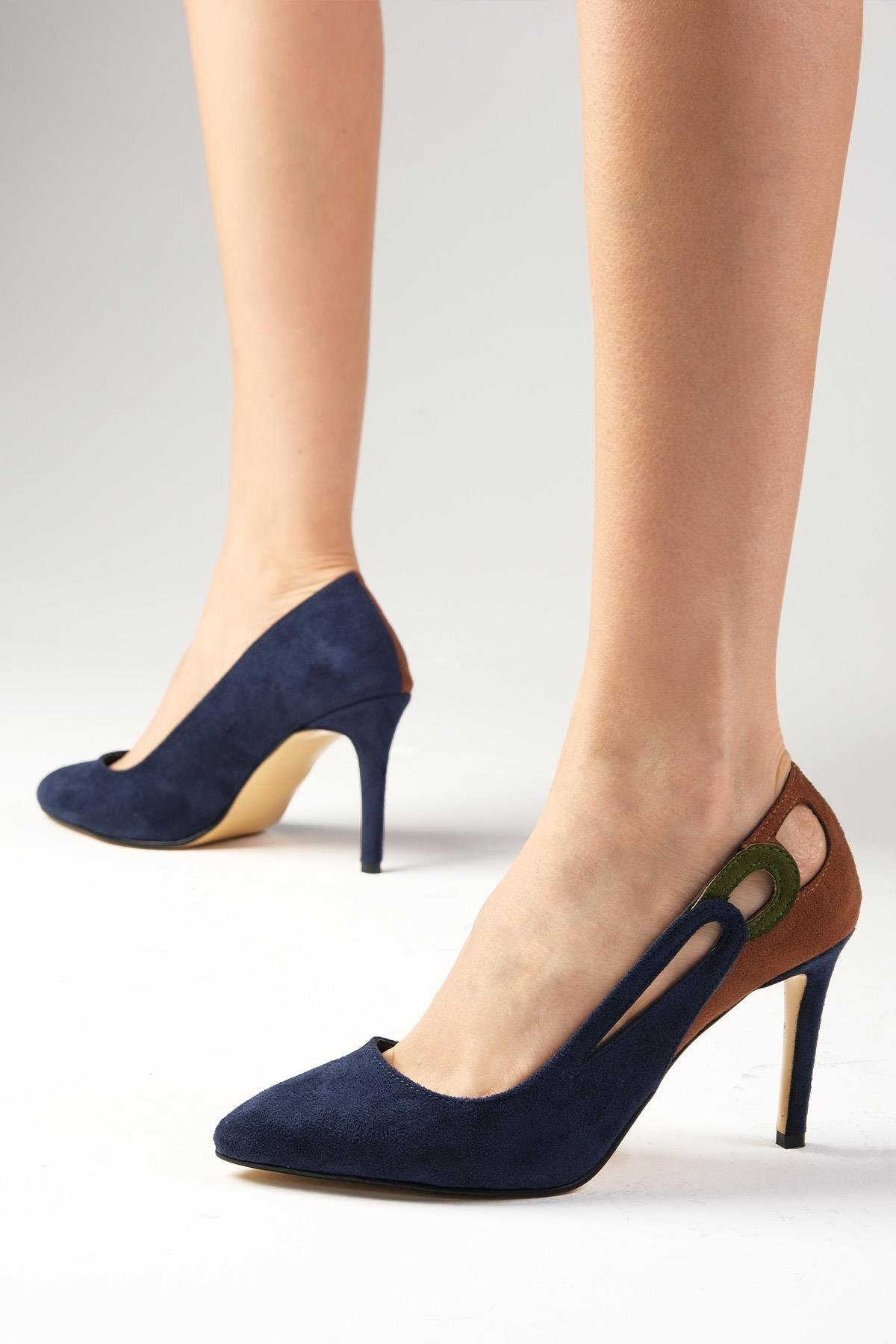 Elvira Lacivert Süet Renk Bloklu Stiletto-Yüksek Topuklu-Mio Gusto-02190DBS