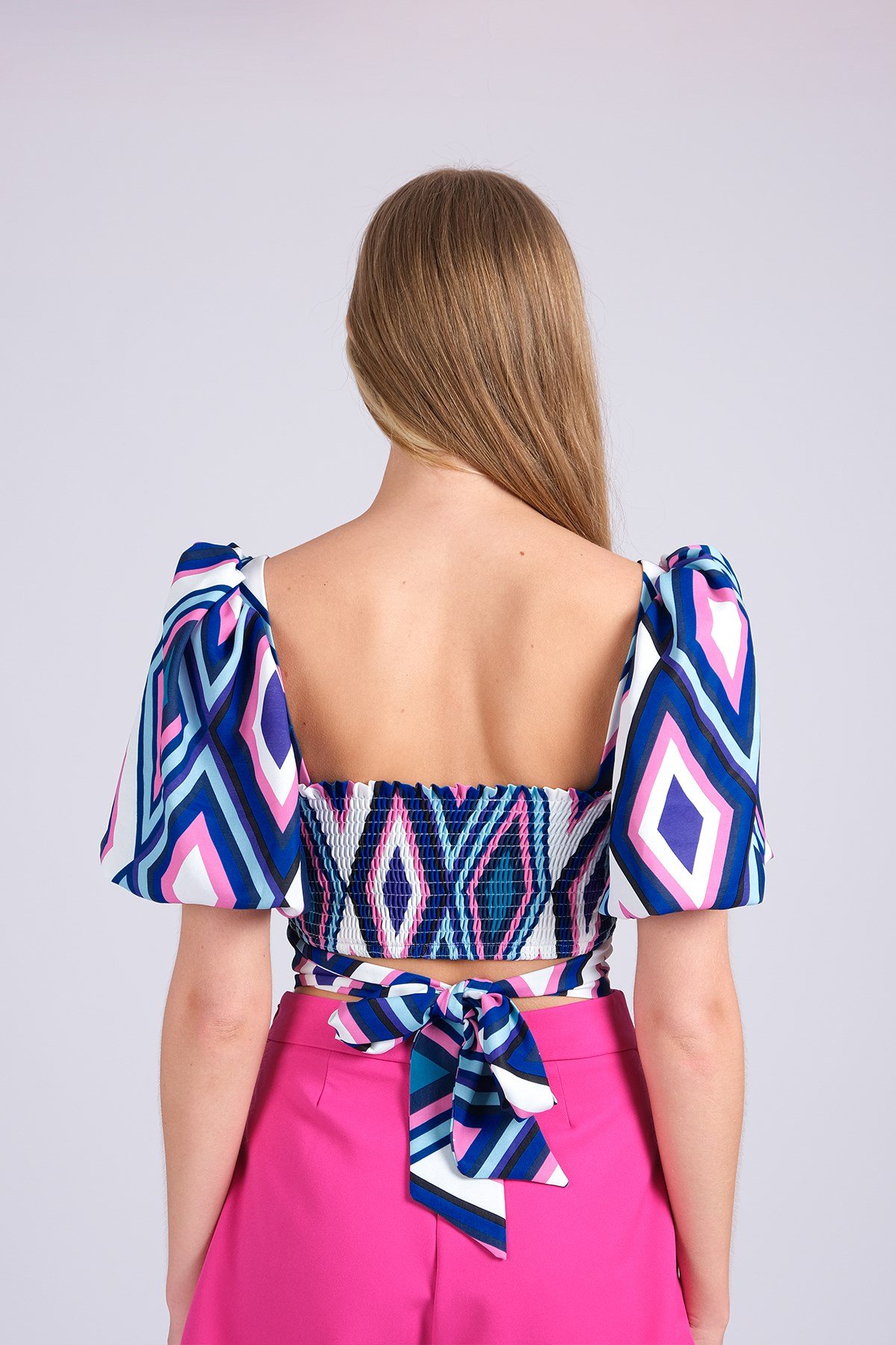 Fuşya Renk Desenli Balon Kol Kadın Bluz-Atlet-Bluz-Mio Gusto-G0020FUK