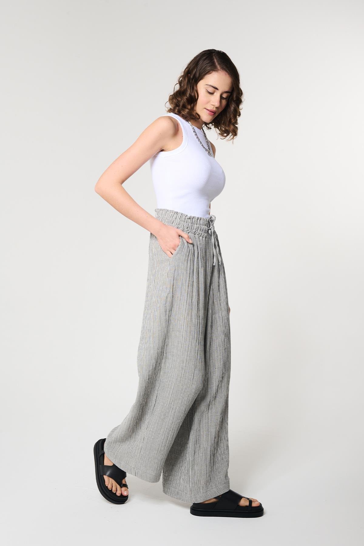 Siyah Renk Palazzo Formlu Bol Paça Pantolon