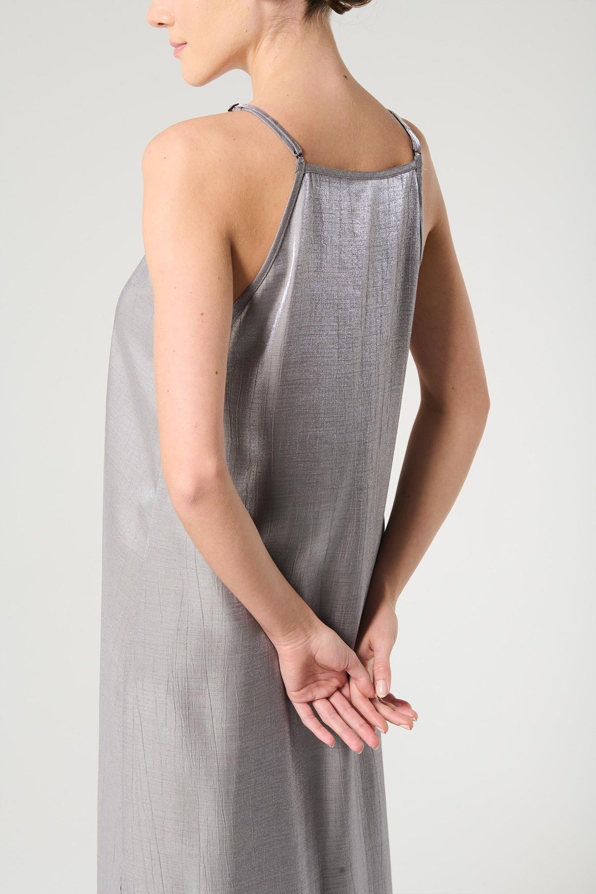 Gri Renk Halter Yaka Saten Elbise