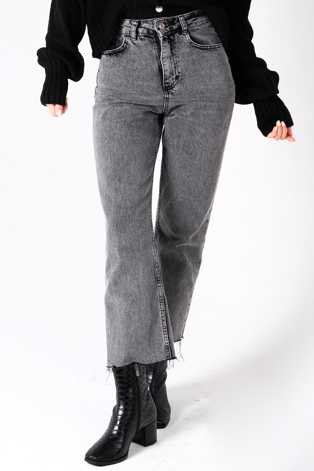 Gri Yüksek Bel Jean Pantolon-GİYİM-Mio Gusto-G0038GRK