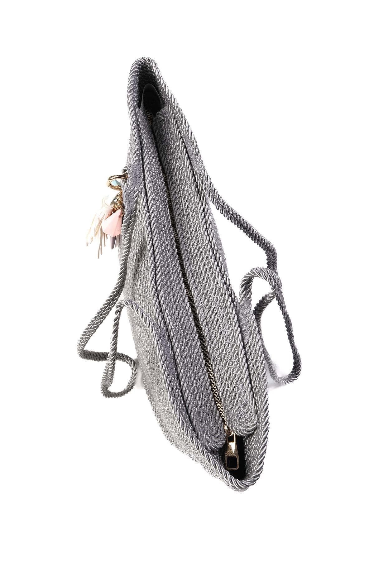 Gümüş Renk Halat Örgü Omuz Çantası-ÇANTA-Mio Gusto-C0059SIK