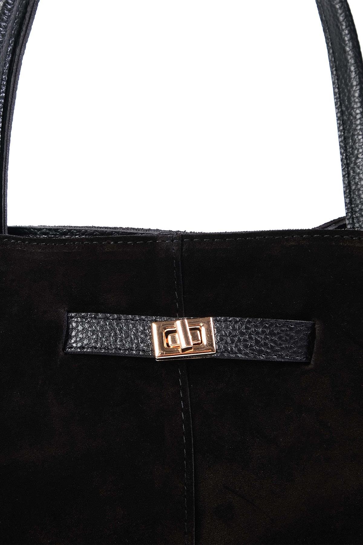 Hakiki Süet Siyah Renk Büzgü Detaylı El Ve Omuz Çantası-ÇANTA-Mio Gusto-C0073BLS