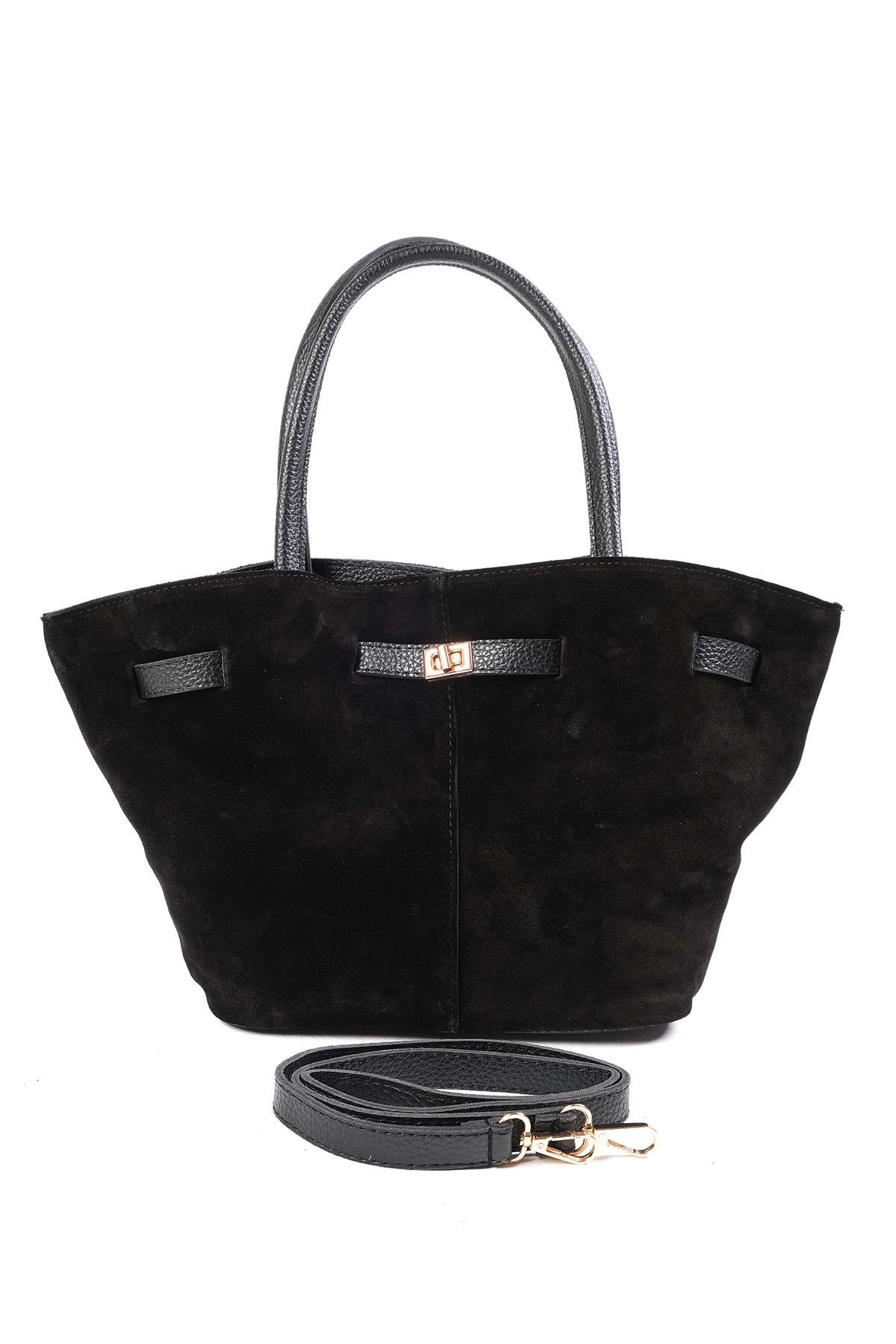 Hakiki Süet Siyah Renk Büzgü Detaylı El Ve Omuz Çantası-ÇANTA-Mio Gusto-C0073BLS