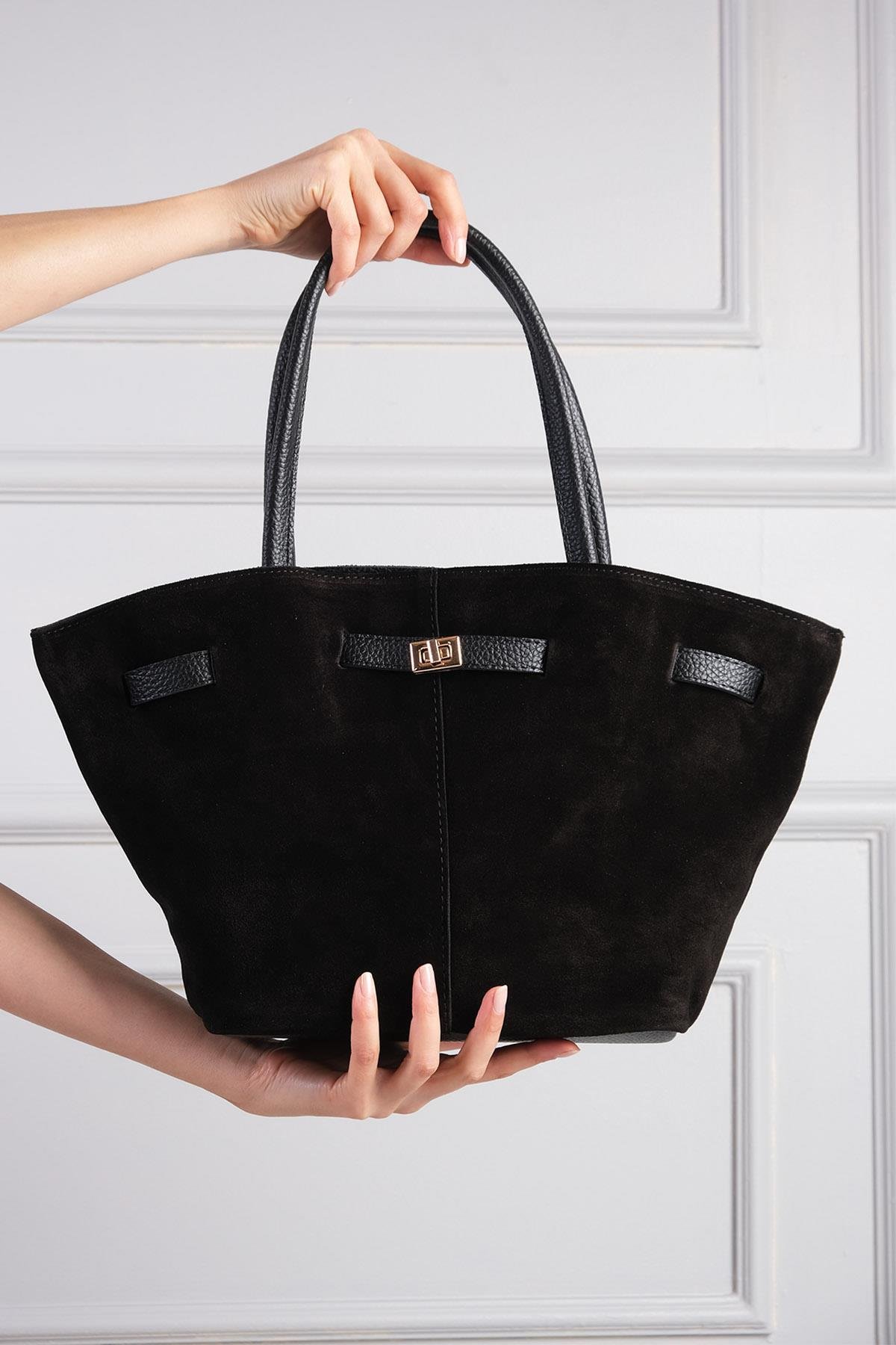 Hakiki Süet Siyah Renk Büzgü Detaylı El Ve Omuz Çantası-ÇANTA-Mio Gusto-C0073BLS