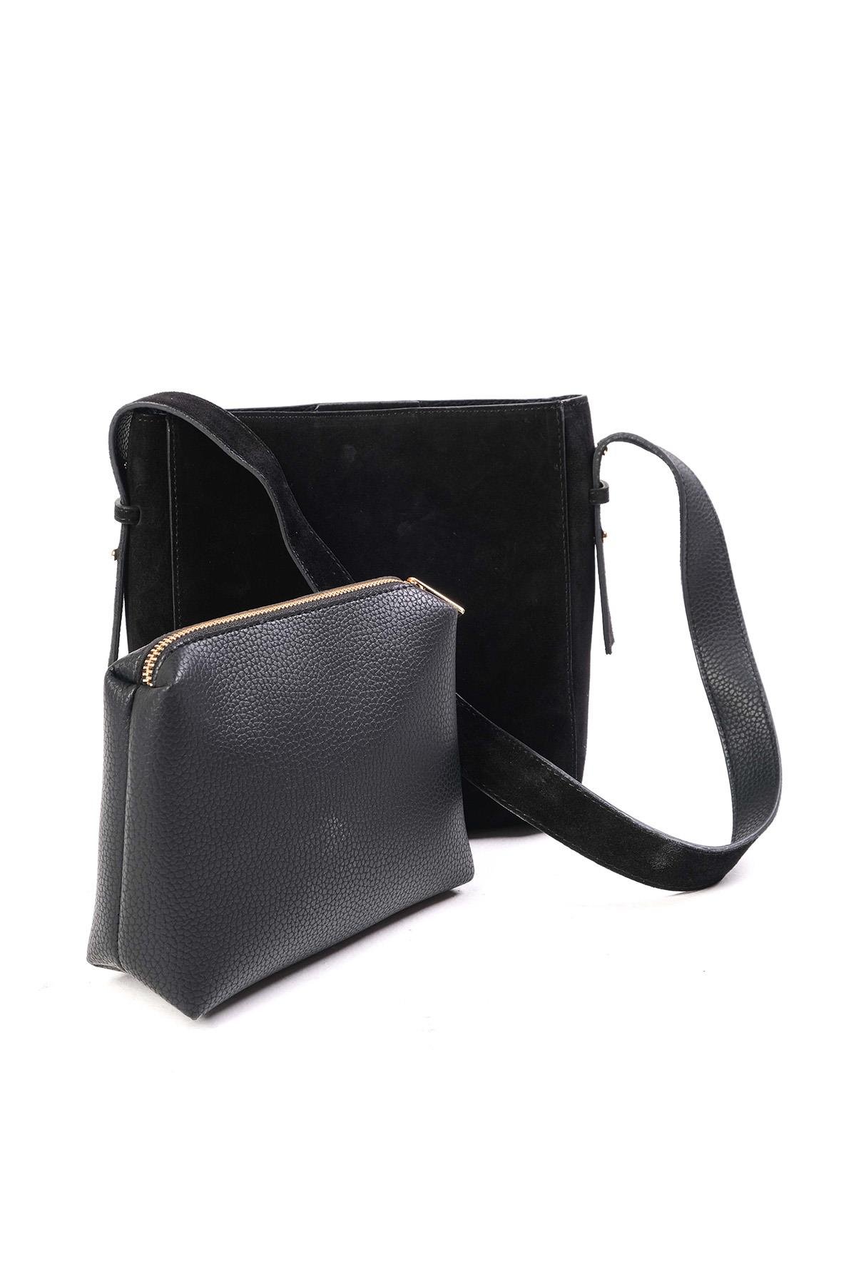 Hakiki Süet Siyah Renk Omuz Çantası-ÇANTA-Mio Gusto-C0072BLS