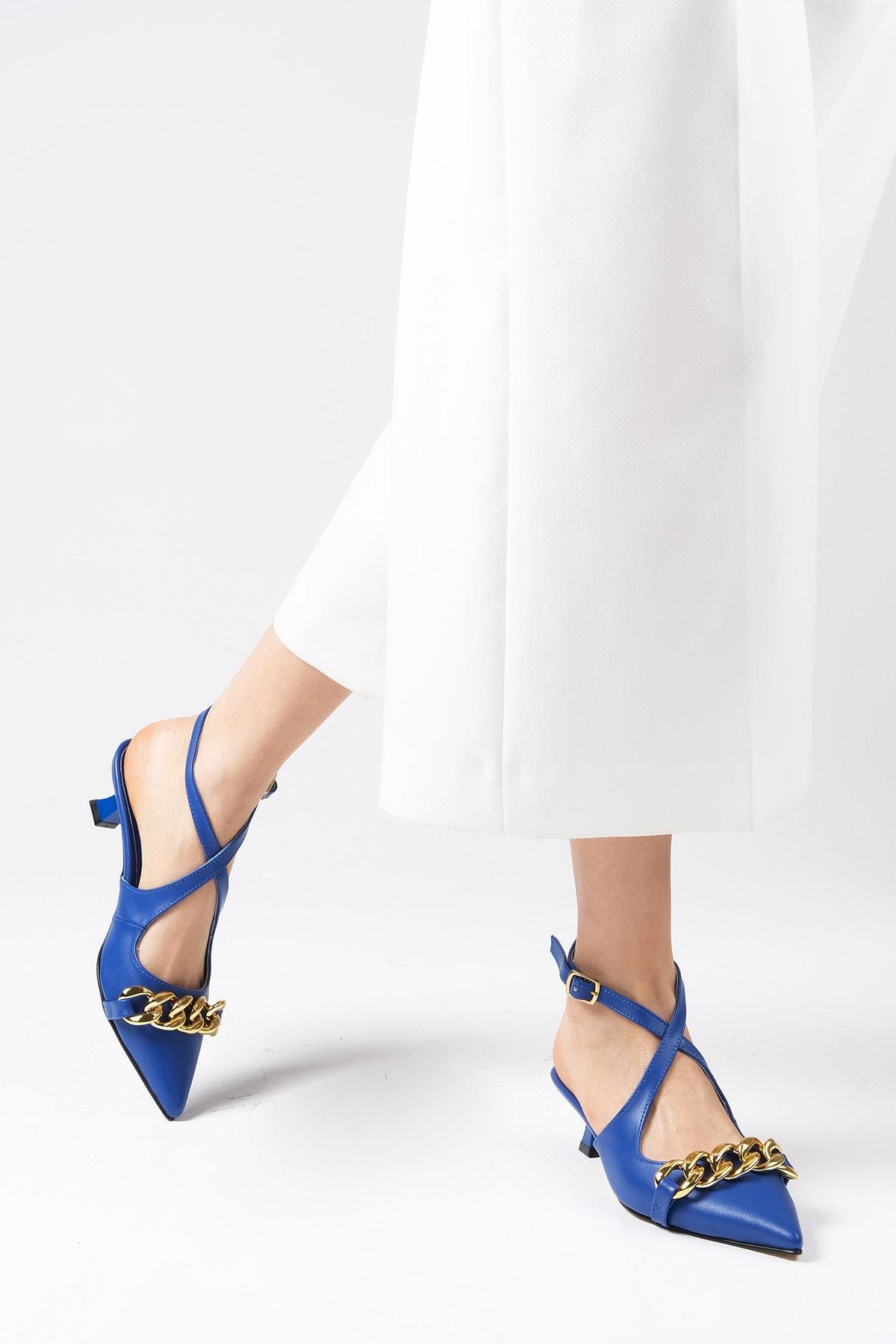 Jenifer Saks Mavi Renk Mini Topuklu Ayakkabı-Kısa Topuklu-Mio Gusto-02231SKC