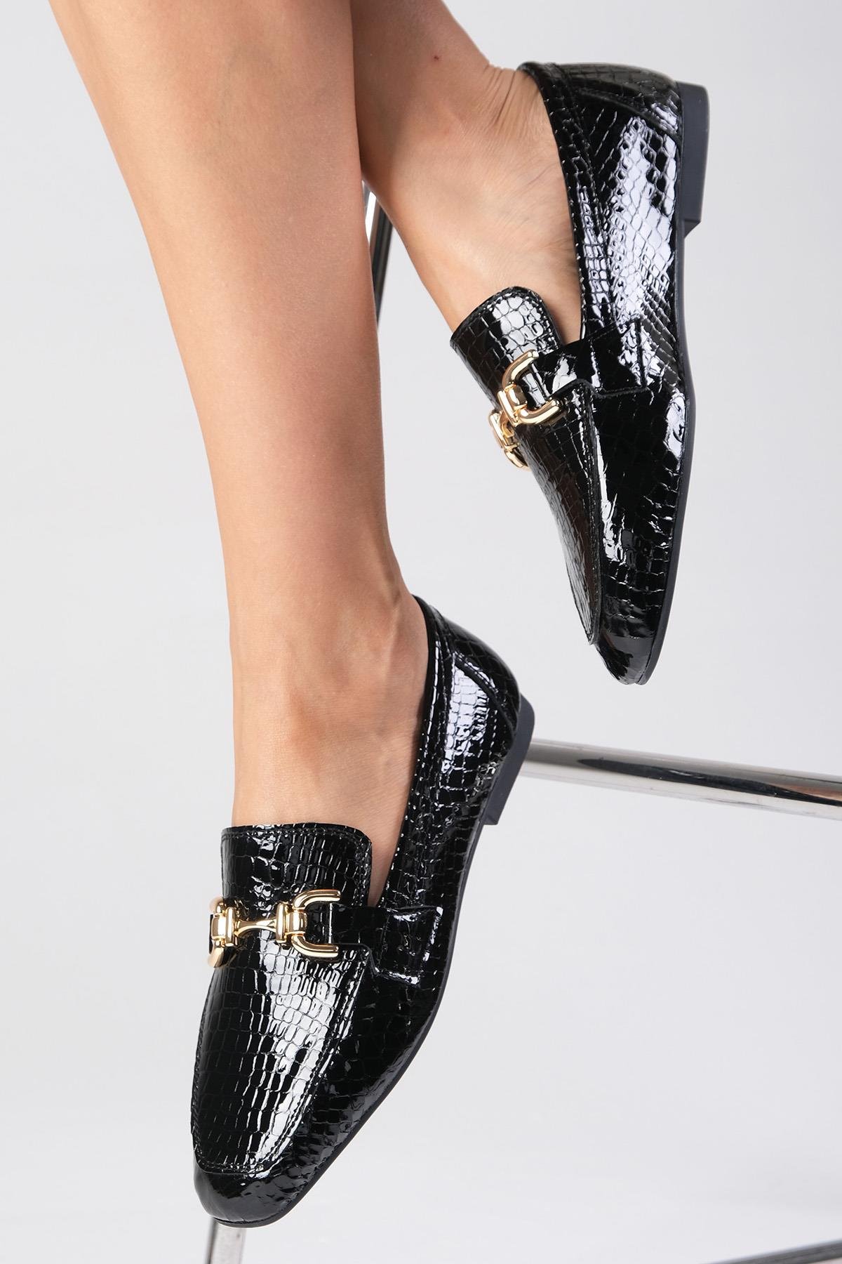 Jordane Hakiki Deri Siyah Renk Loafer-DÜZ AYAKKABI-Mio Gusto-01556BLX