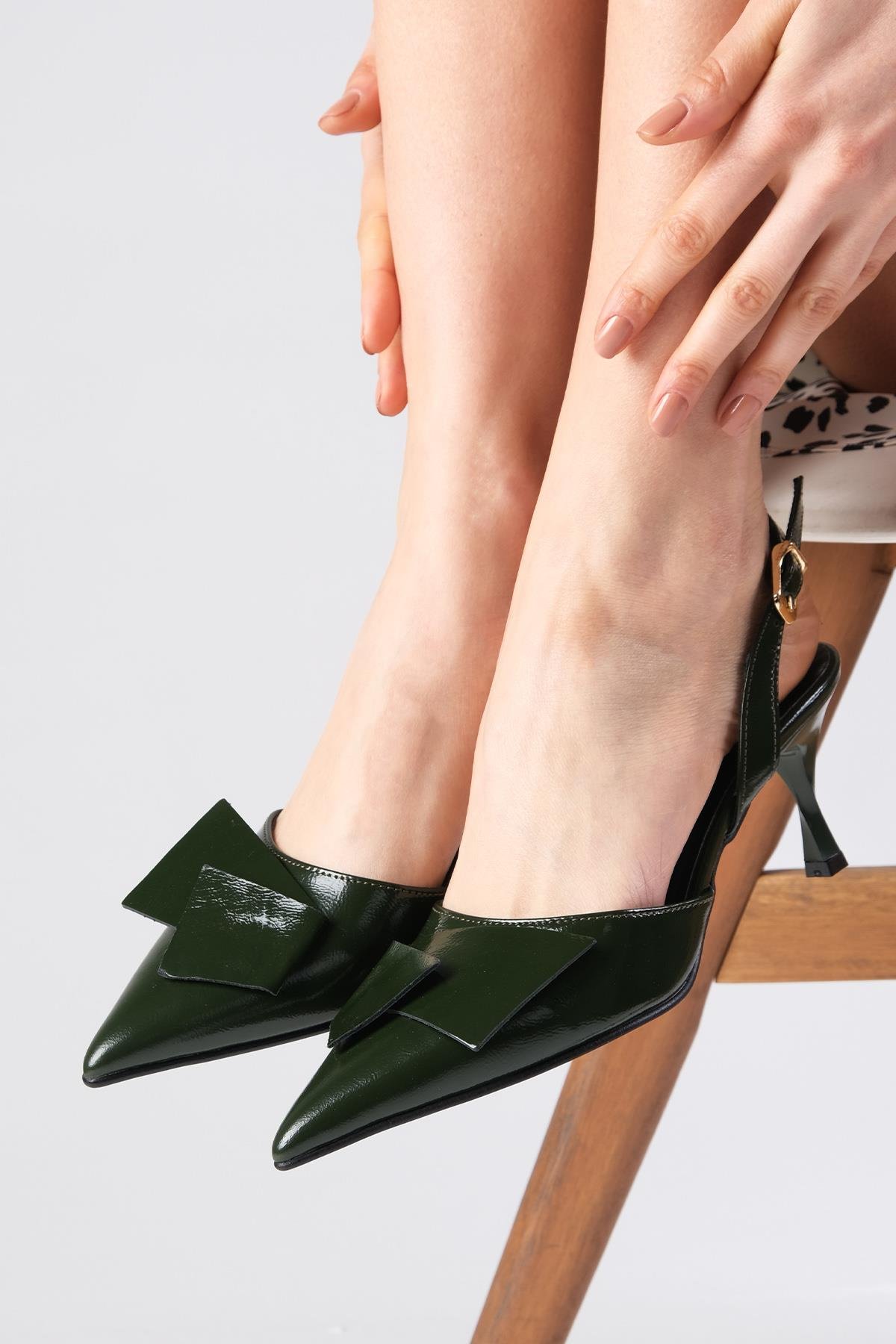 Josephine Hakiki Rugan Yeşil Renk Topuklu Ayakkabı-Yüksek Topuklu-Mio Gusto-01539GNR