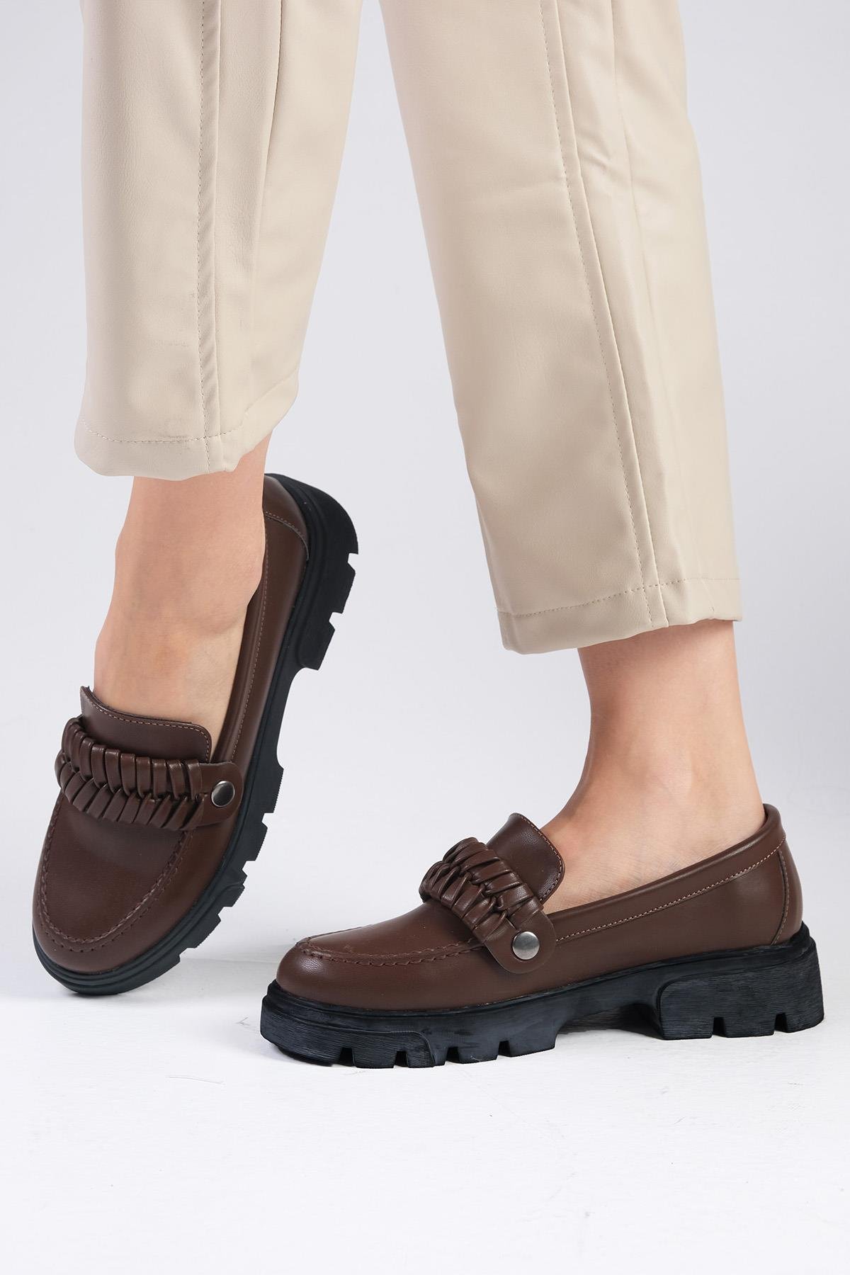 Judi Kahverengi Kalın Tabanlı Oxford Ayakkabı-DÜZ AYAKKABI-Mio Gusto-01507BRC