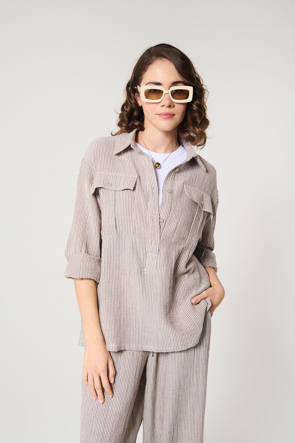 Kahverengi %100 Pamuk Çizgili Salaş Gömlek