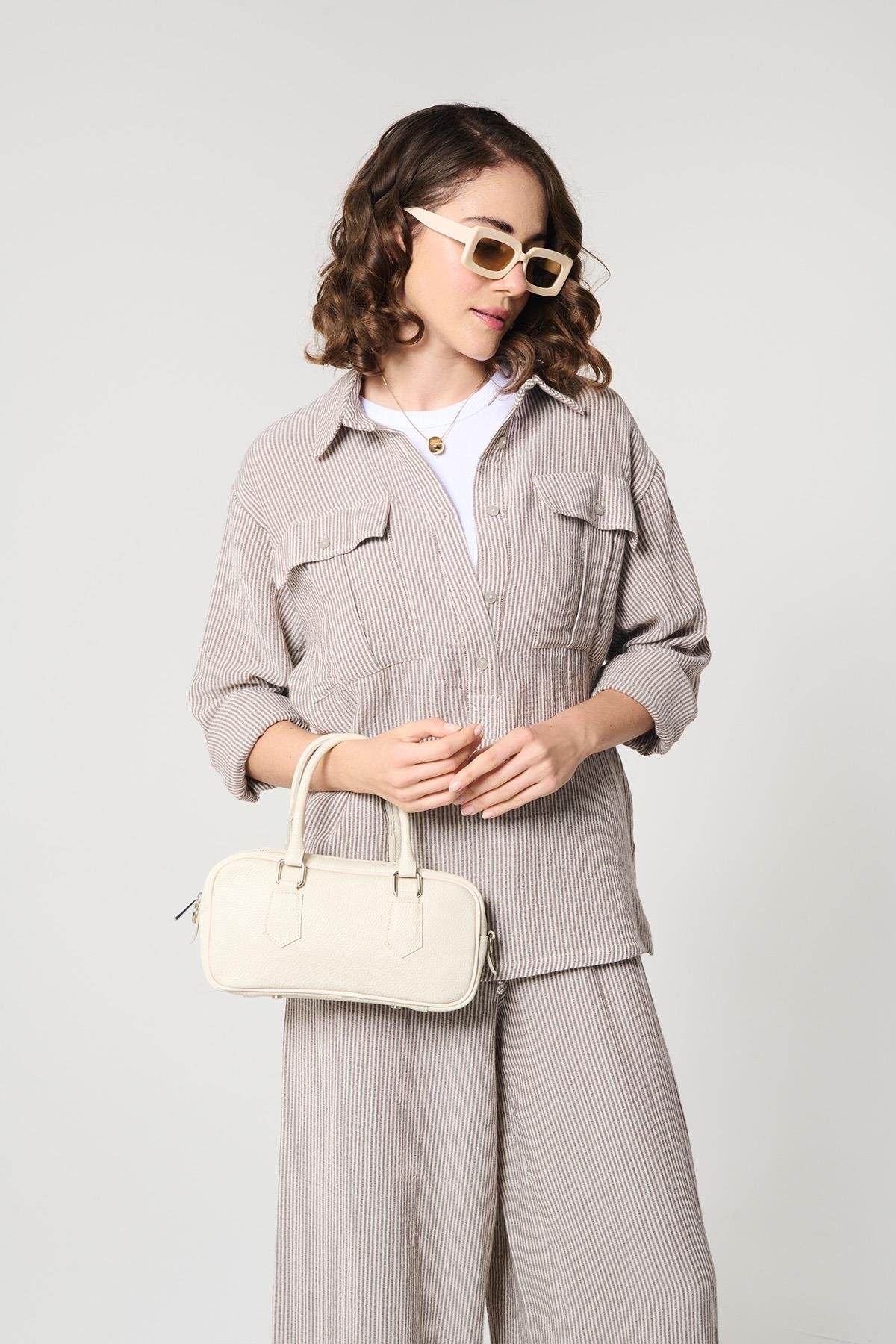 Kahverengi %100 Pamuk Çizgili Salaş Gömlek