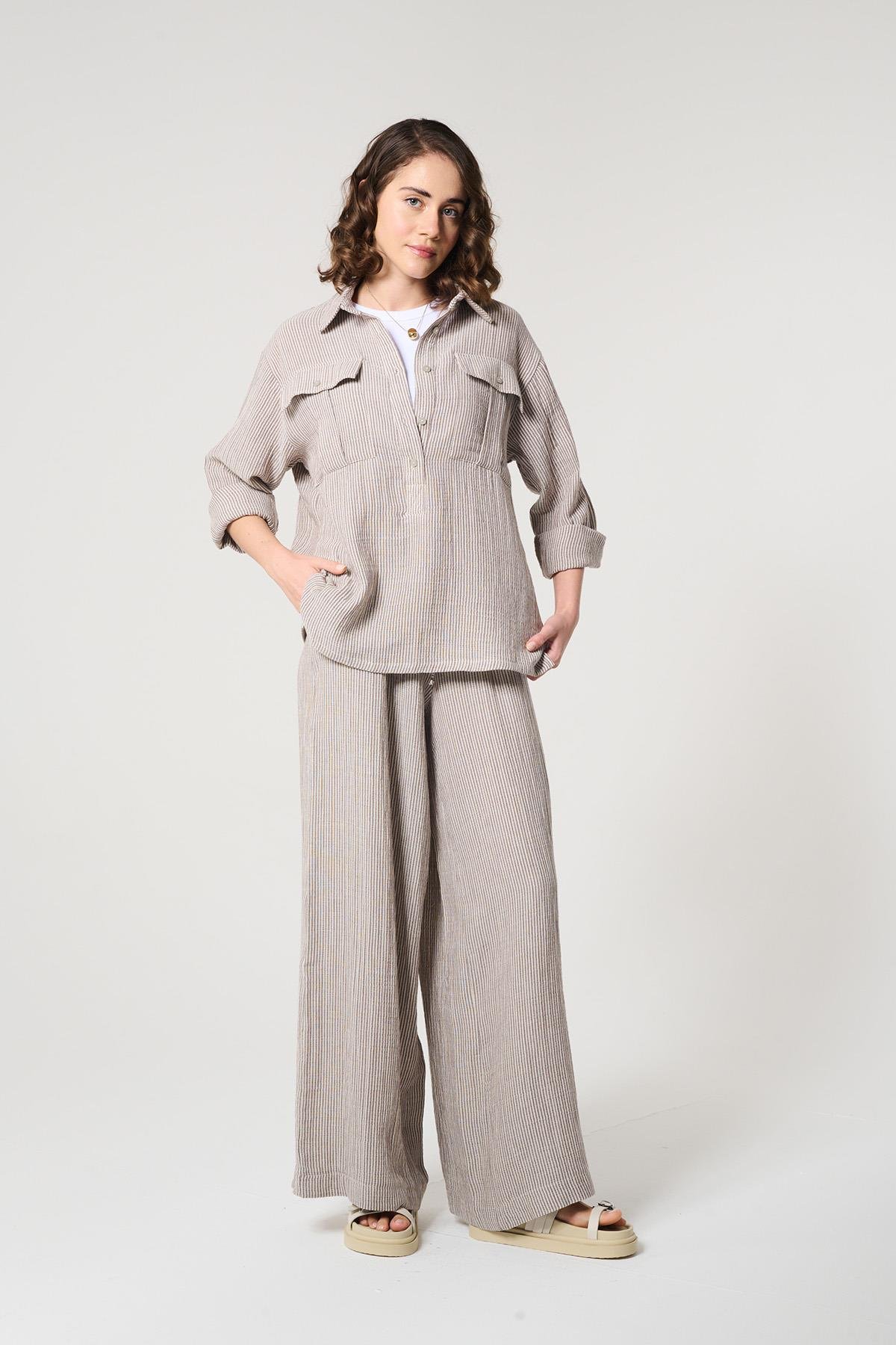 Kahverengi %100 Pamuk Çizgili Salaş Gömlek