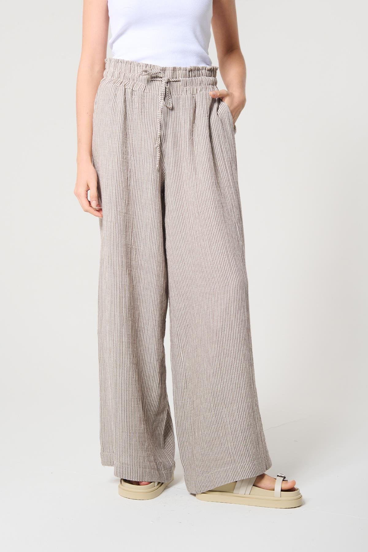 Gri Renk Çizgili %100 Pamuklu Pantolon