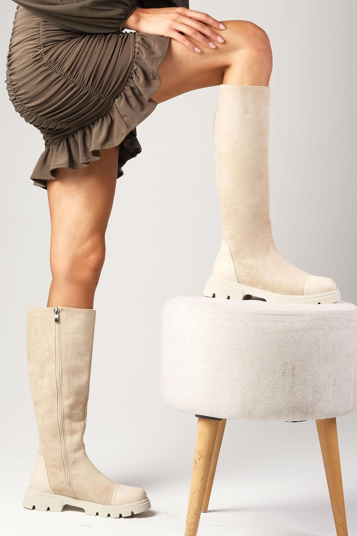 Kylie Bej Renk Fermuarlı Postal Çizme-ÇİZME-Mio Gusto-01495BEZ