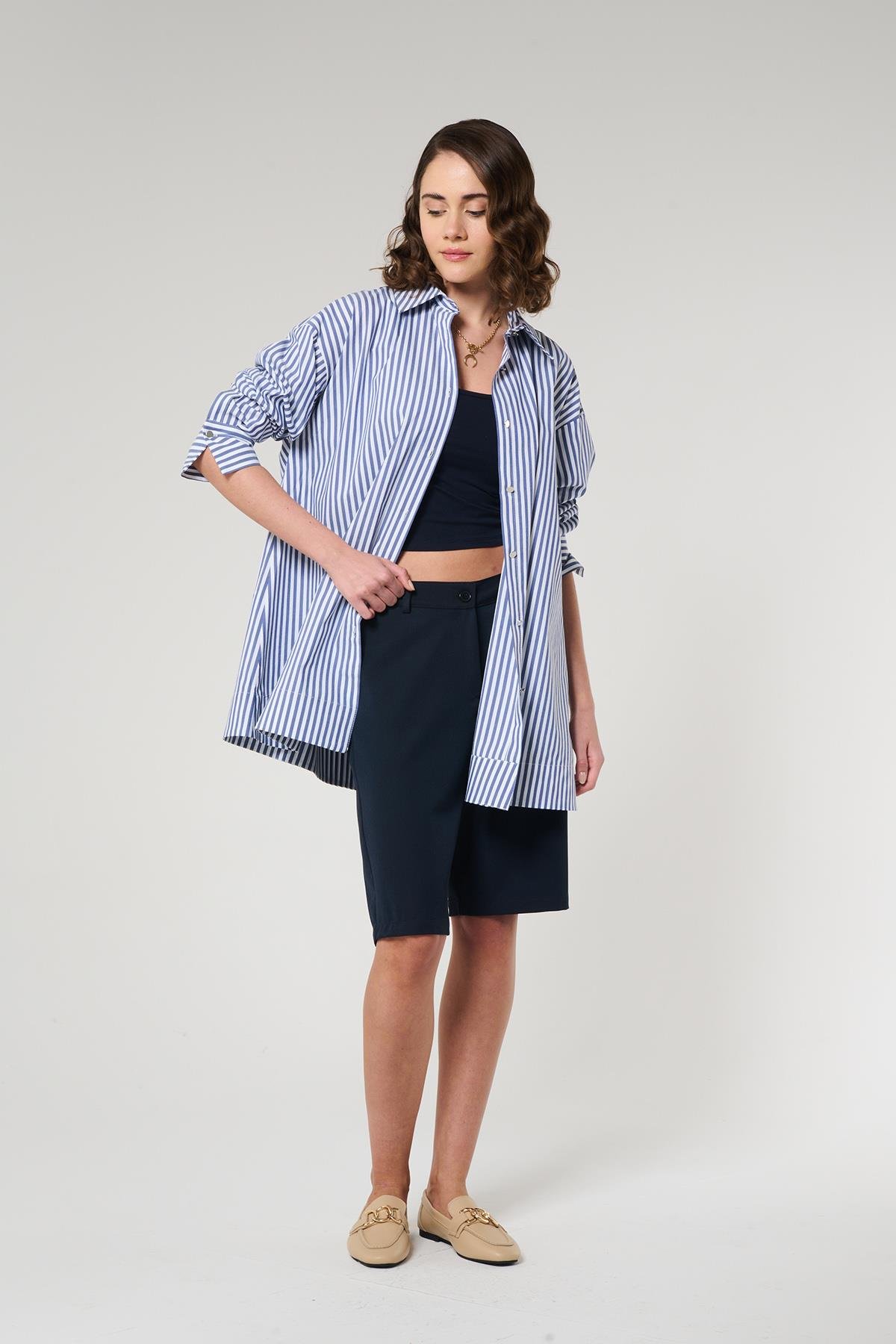 Lacivert Çizgili  %100 Pamuk Gömlek